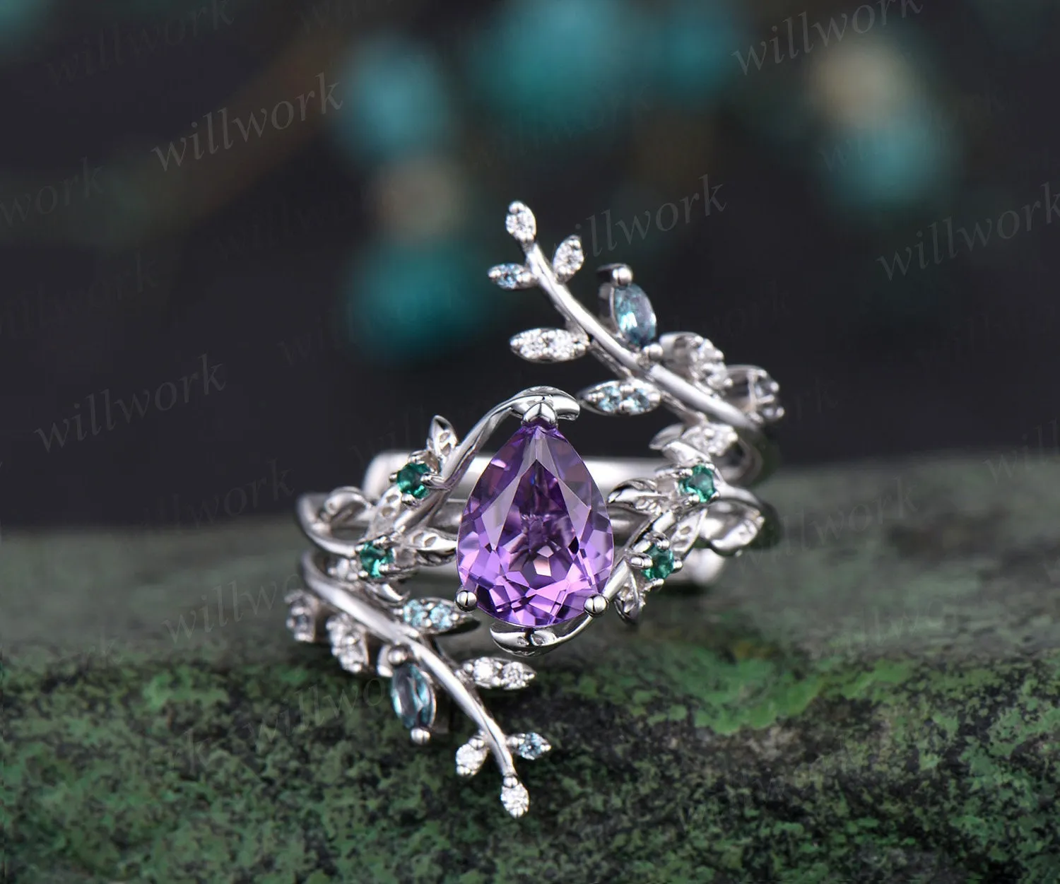 Vintage pear shaped amethyst engagement ring nature inspired leaf emerald white gold wedding band enhancer twisted bridal ring set women sold by Willwork Jewelry product image thumbnail 2