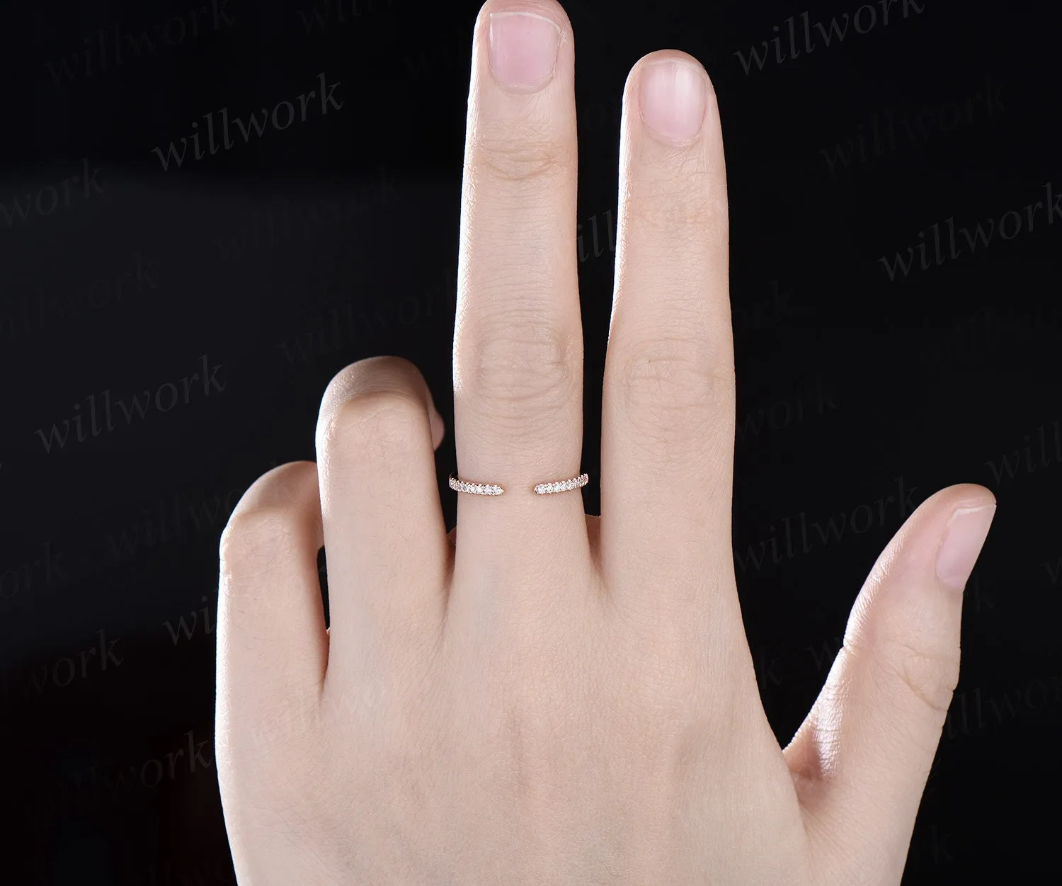 Open gap diamond wedding band solid 14k rose gold half eternity stacking matching dainty anniversary ring women sold by Willwork Jewelry product image thumbnail 2