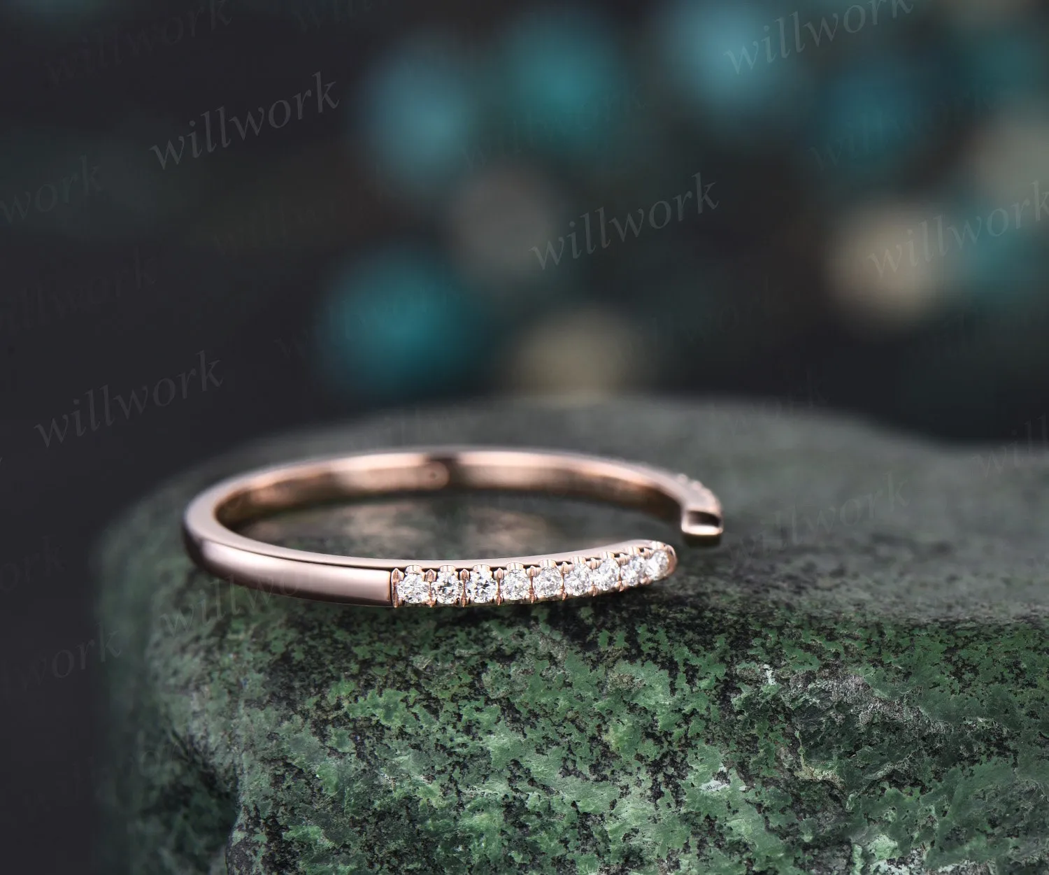Open gap diamond wedding band solid 14k rose gold half eternity stacking matching dainty anniversary ring women sold by Willwork Jewelry product image thumbnail 4