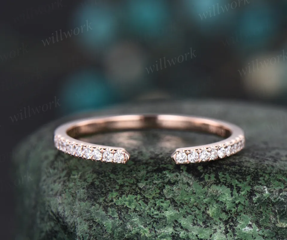 Open gap diamond wedding band solid 14k rose gold half eternity stacking matching dainty anniversary ring women made by Willwork Jewelry