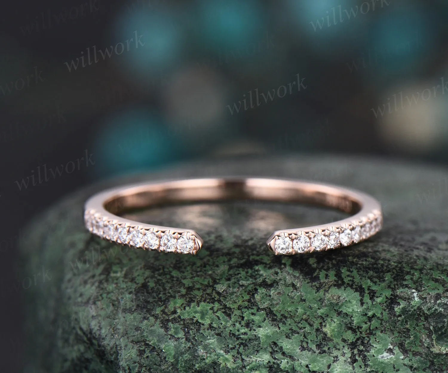 Open gap diamond wedding band solid 14k rose gold half eternity stacking matching dainty anniversary ring women sold by Willwork Jewelry