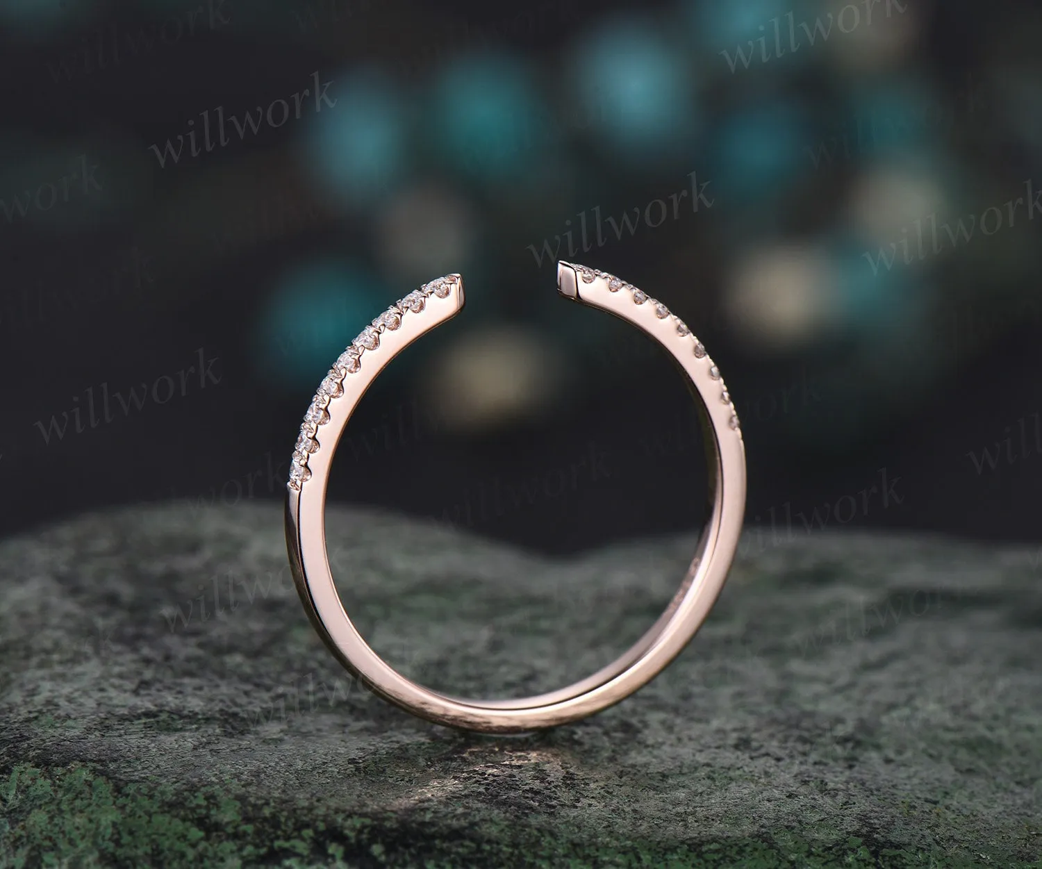 Open gap diamond wedding band solid 14k rose gold half eternity stacking matching dainty anniversary ring women sold by Willwork Jewelry product image thumbnail 5