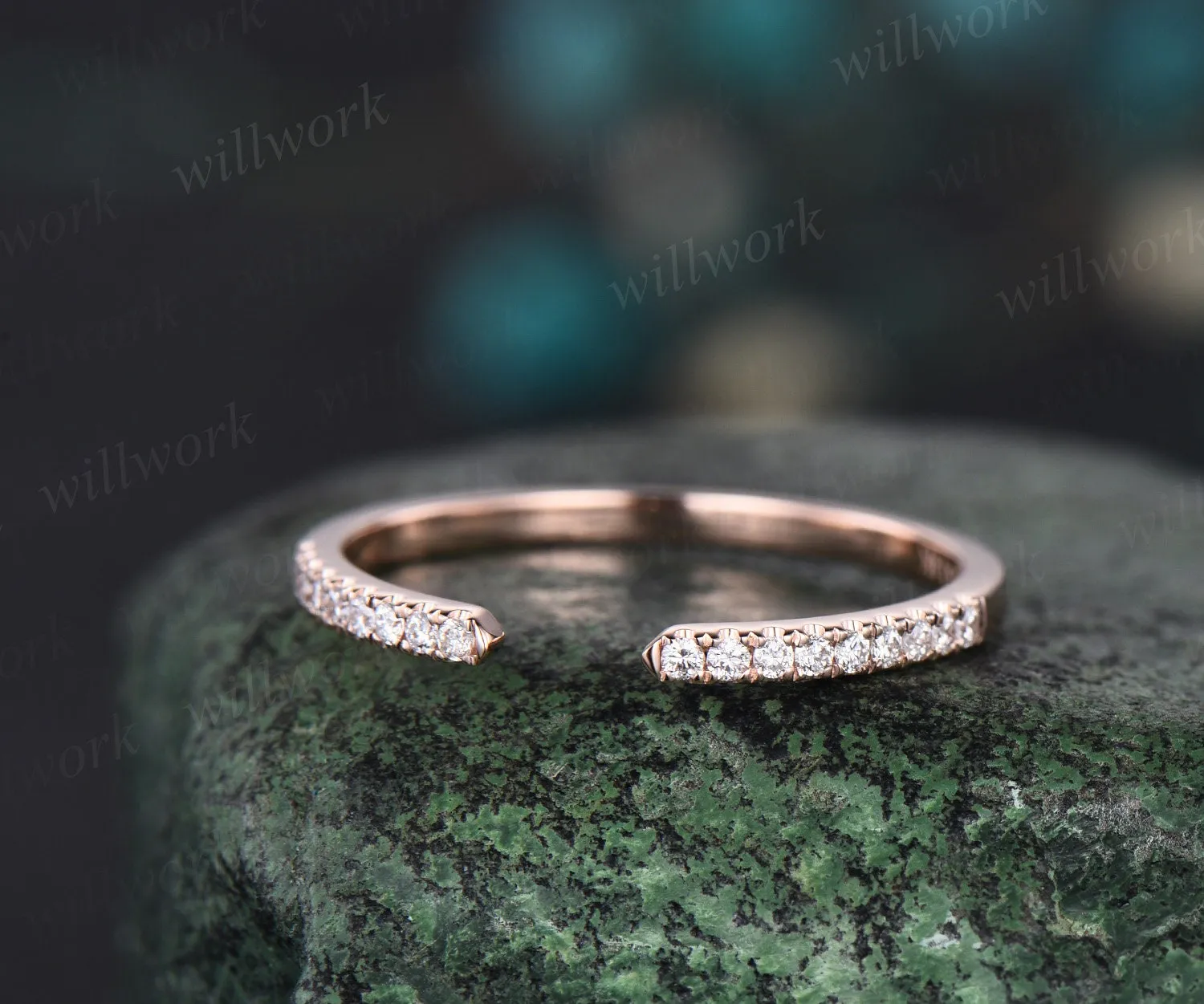 Open gap diamond wedding band solid 14k rose gold half eternity stacking matching dainty anniversary ring women sold by Willwork Jewelry product image thumbnail 3