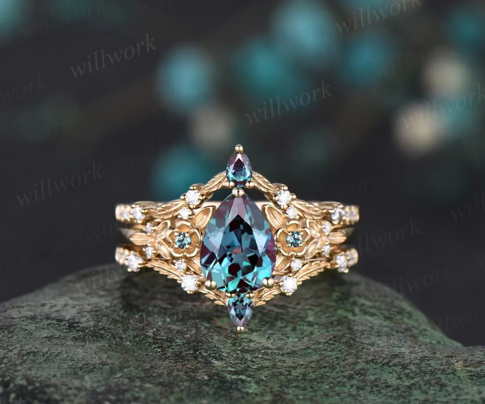 Vintage pear cut alexandrite engagement ring solid 14k yellow gold twig leaf floral unique cluster diamond bridal wedding ring set women sold by Willwork Jewelry