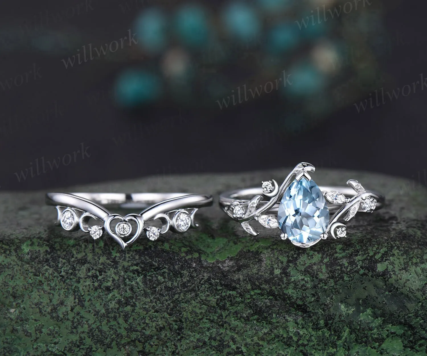 Vintage pear shaped aquamarine engagement ring white gold heart leaf moon nature inspired diamond bridal wedding ring set women jewelry gift sold by Willwork Jewelry product image thumbnail 3