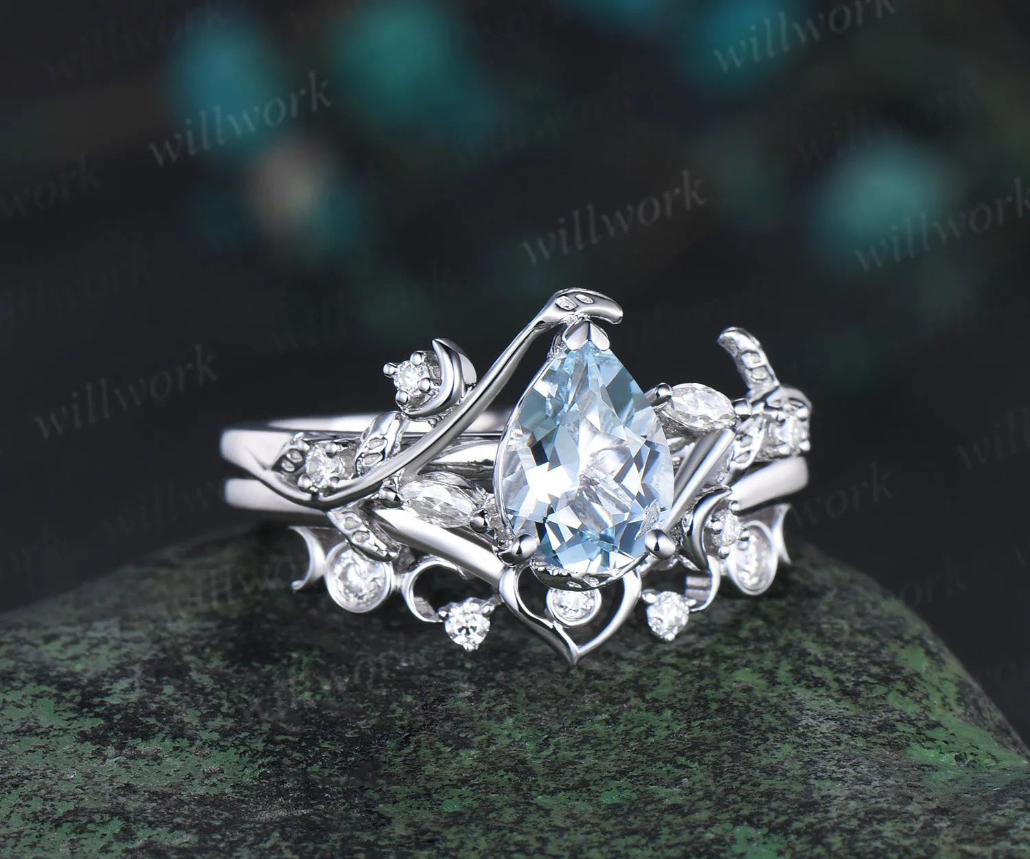 Vintage pear shaped aquamarine engagement ring white gold heart leaf moon nature inspired diamond bridal wedding ring set women jewelry gift sold by Willwork Jewelry product image thumbnail 4
