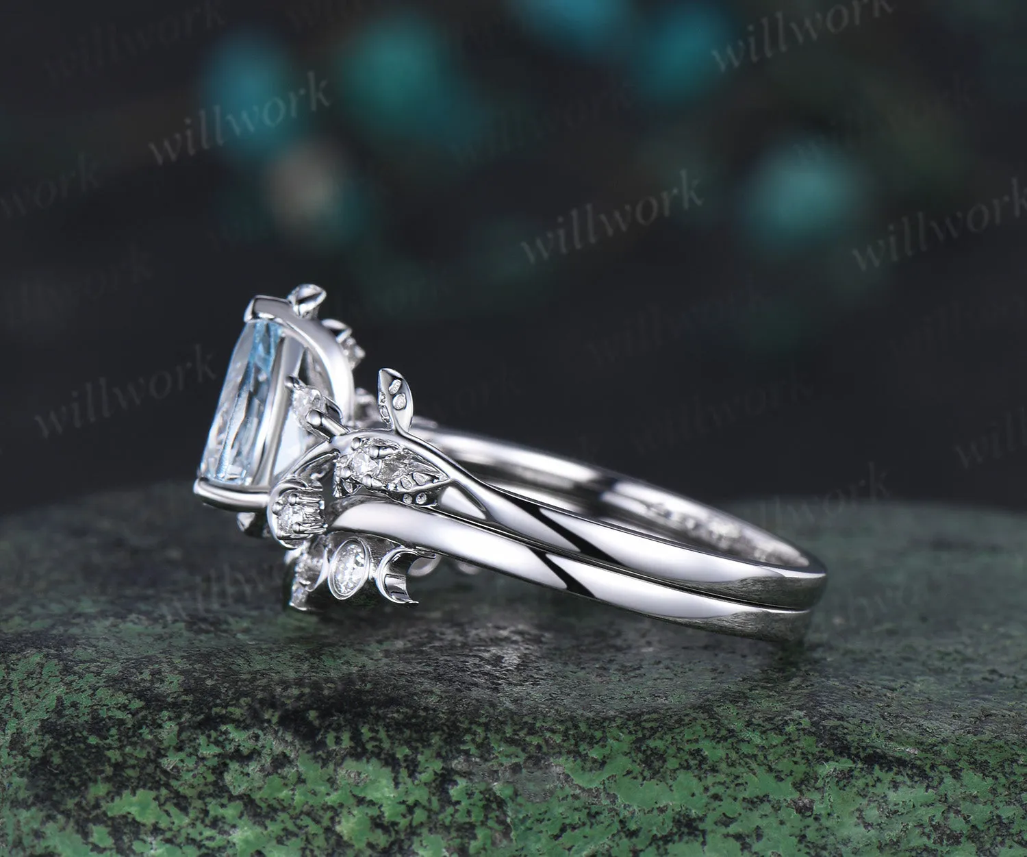 Vintage pear shaped aquamarine engagement ring white gold heart leaf moon nature inspired diamond bridal wedding ring set women jewelry gift sold by Willwork Jewelry product image thumbnail 5