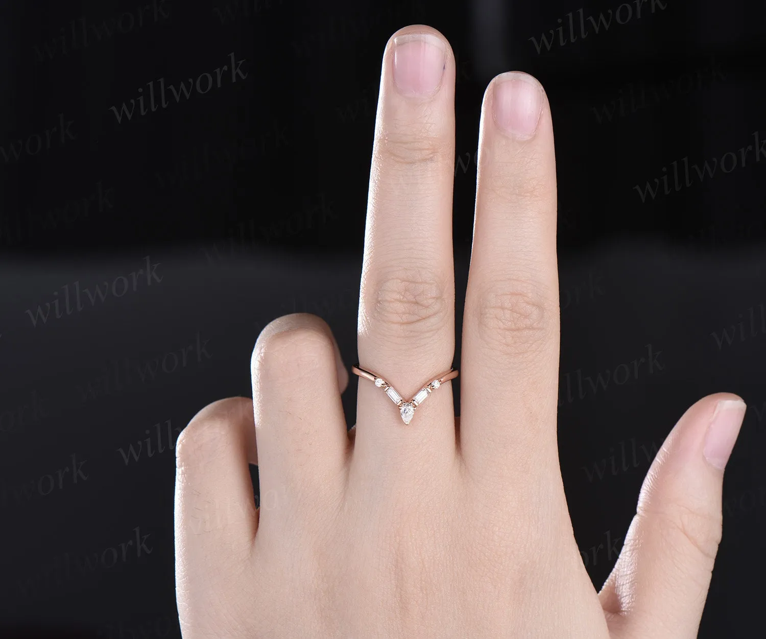 Curved V shaped pear baguette diamond wedding band 14k 18k rose gold unique moissanite wedding ring band dainty anniversary ring women sold by Willwork Jewelry product image thumbnail 2