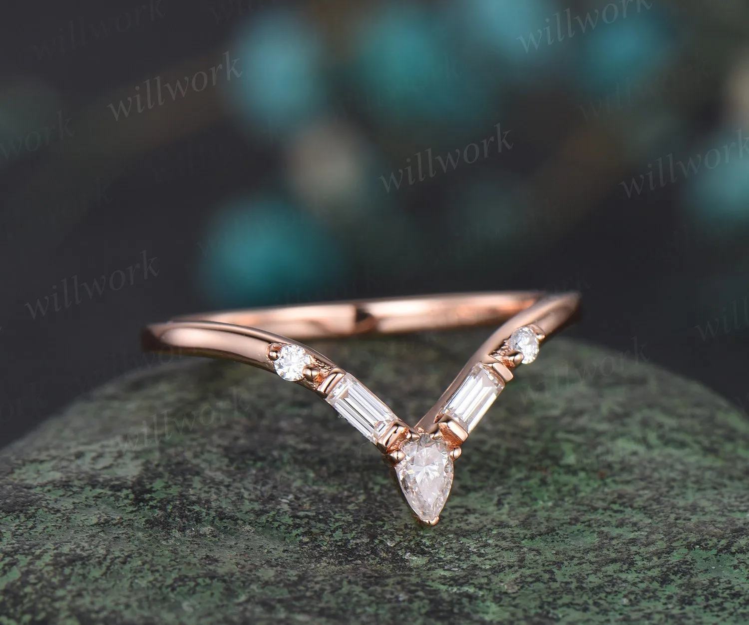 Curved V shaped pear baguette diamond wedding band 14k 18k rose gold unique moissanite wedding ring band dainty anniversary ring women sold by Willwork Jewelry product image thumbnail 3