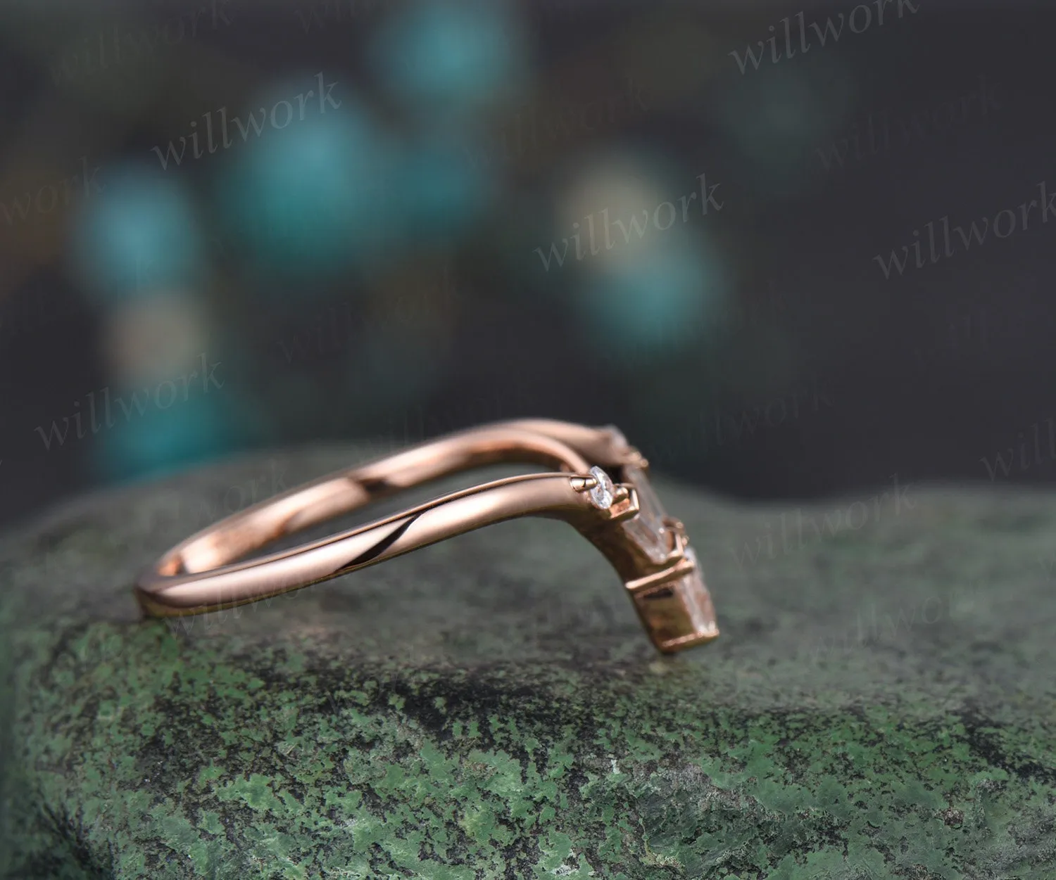 Curved V shaped pear baguette diamond wedding band 14k 18k rose gold unique moissanite wedding ring band dainty anniversary ring women sold by Willwork Jewelry product image thumbnail 4