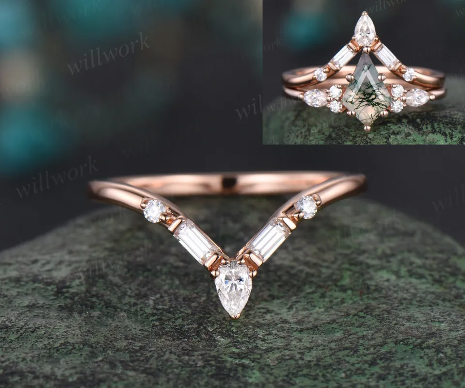 Curved V shaped pear baguette diamond wedding band 14k 18k rose gold unique moissanite wedding ring band dainty anniversary ring women sold by Willwork Jewelry