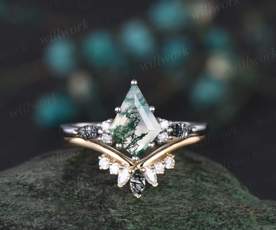 Kite cut green moss agate engagement ring white gold black rutilated quartz ring women unique diamond promise wedding ring set jewelry sold by Willwork Jewelry