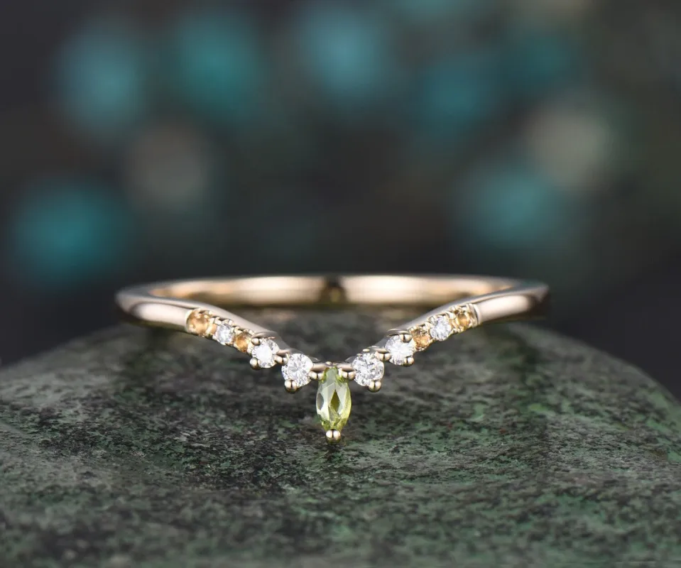 Curved peridot citrine diamond wedding band 14k 18k yellow gold unique moissanite wedding ring band dainty anniversary ring women gift sold by Willwork Jewelry
