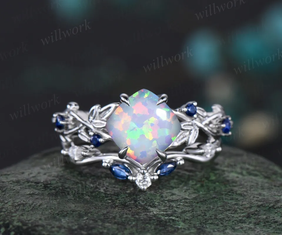 Twig cushion opal engagement ring white gold five stone leaf branch Nature inspired ring sapphire anniversary wedding ring set women gift sold by Willwork Jewelry