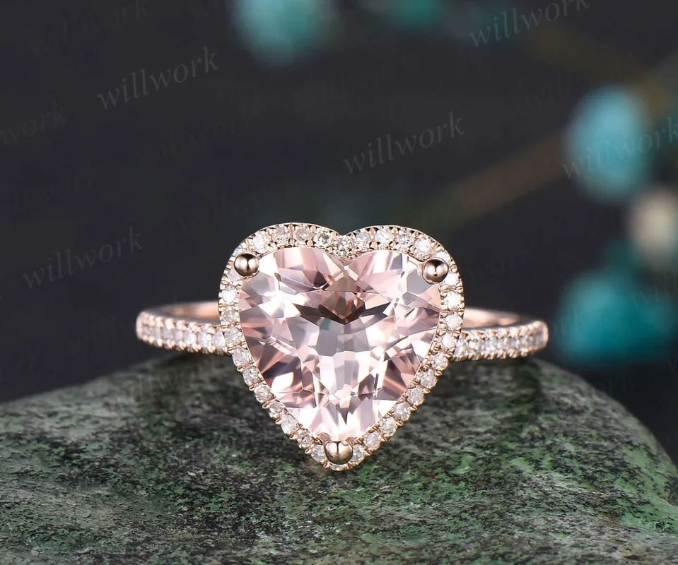 Heart shaped morganite engagement ring solid 14k rose gold half eternity halo diamond ring women unique wedding promise ring jewelry made by Willwork Jewelry