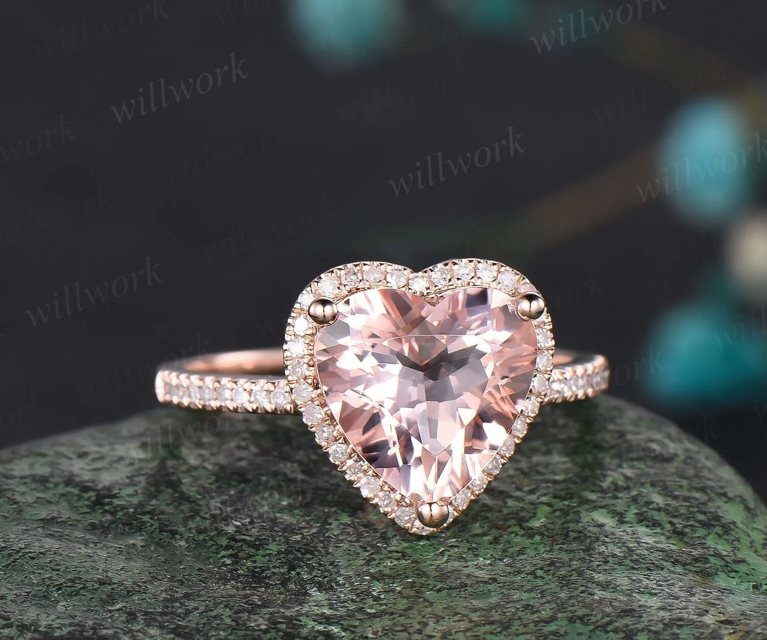 Heart shaped morganite engagement ring solid 14k rose gold half eternity halo diamond ring women unique wedding promise ring jewelry sold by Willwork Jewelry product image thumbnail 3