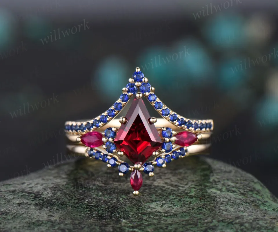 Kite cut red ruby engagement ring solid 14k yellow gold 6 prong blue sapphire ring gemstone unique anniversary ring women gift jewelry made by Willwork Jewelry