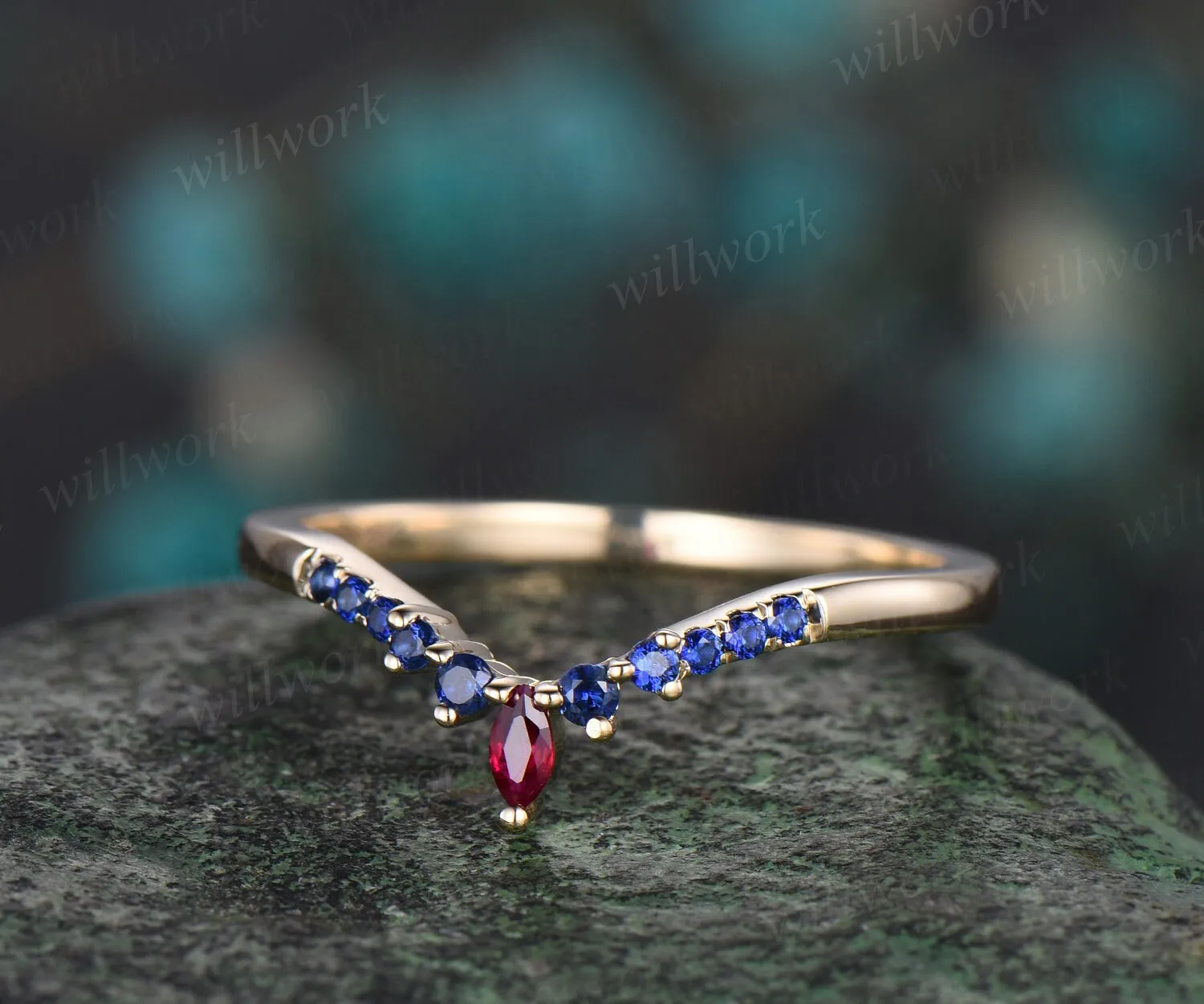 Curved ruby sapphire wedding band solid 14k yellow gold matching stacking ring dainty bridal anniversary ring band women sold by Willwork Jewelry product image thumbnail 4