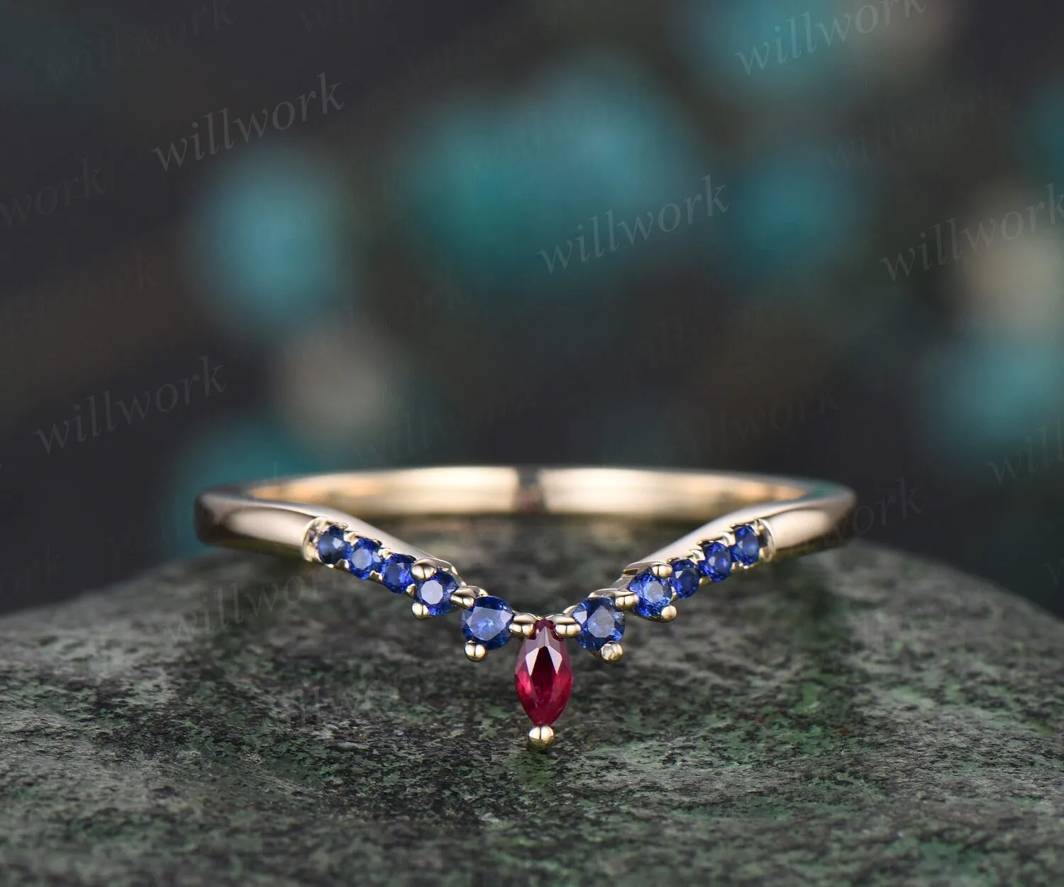 Curved ruby sapphire wedding band solid 14k yellow gold matching stacking ring dainty bridal anniversary ring band women sold by Willwork Jewelry