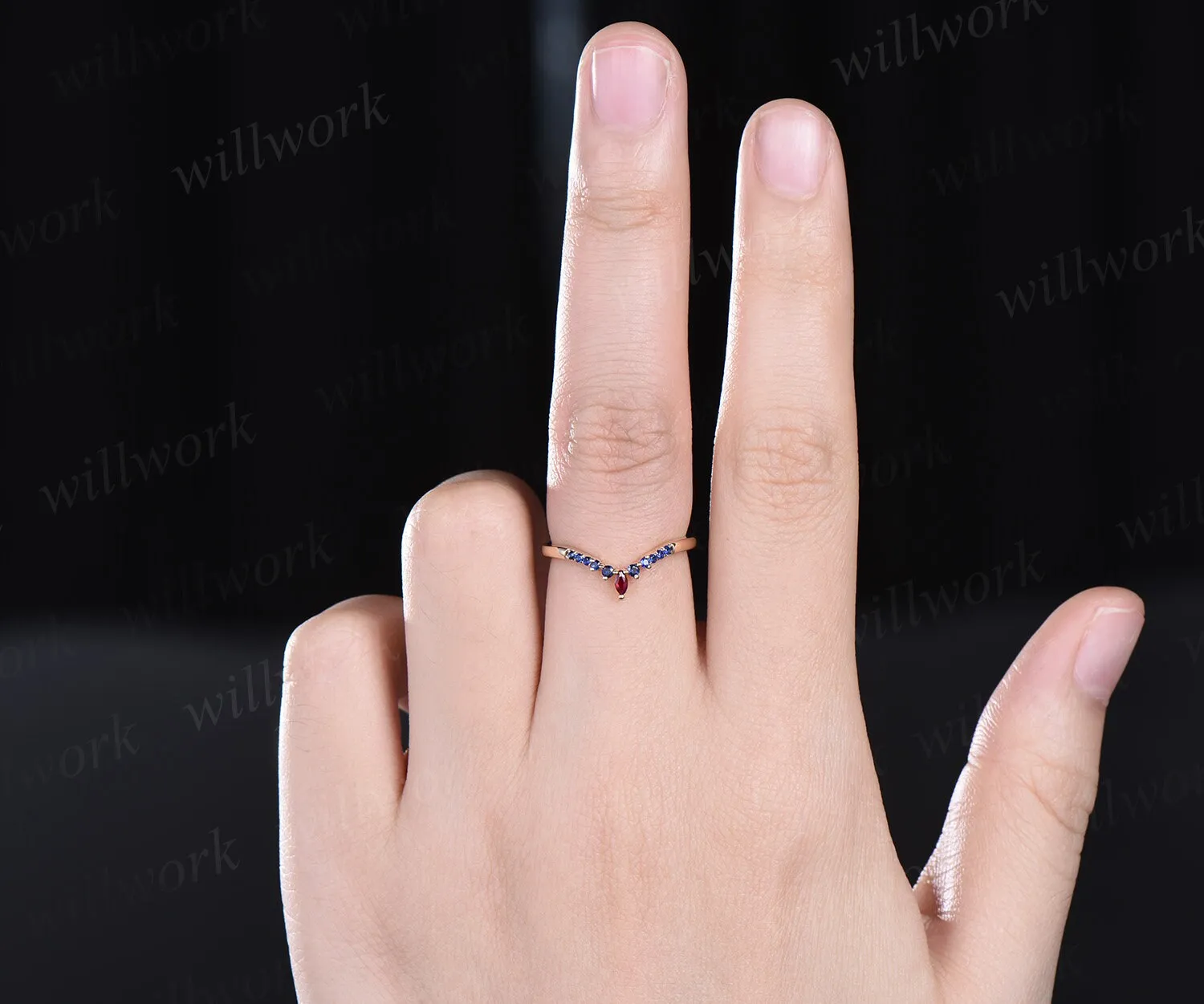 Curved ruby sapphire wedding band solid 14k yellow gold matching stacking ring dainty bridal anniversary ring band women sold by Willwork Jewelry product image thumbnail 2