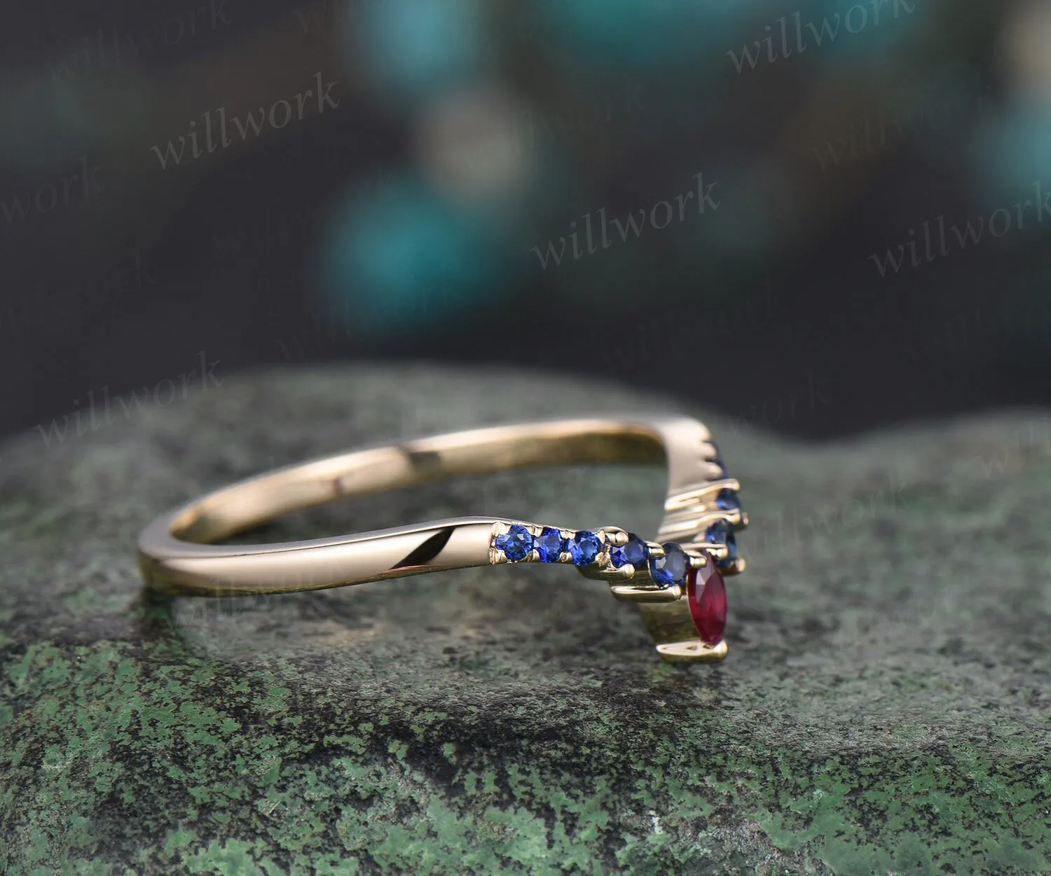 Curved ruby sapphire wedding band solid 14k yellow gold matching stacking ring dainty bridal anniversary ring band women sold by Willwork Jewelry product image thumbnail 3