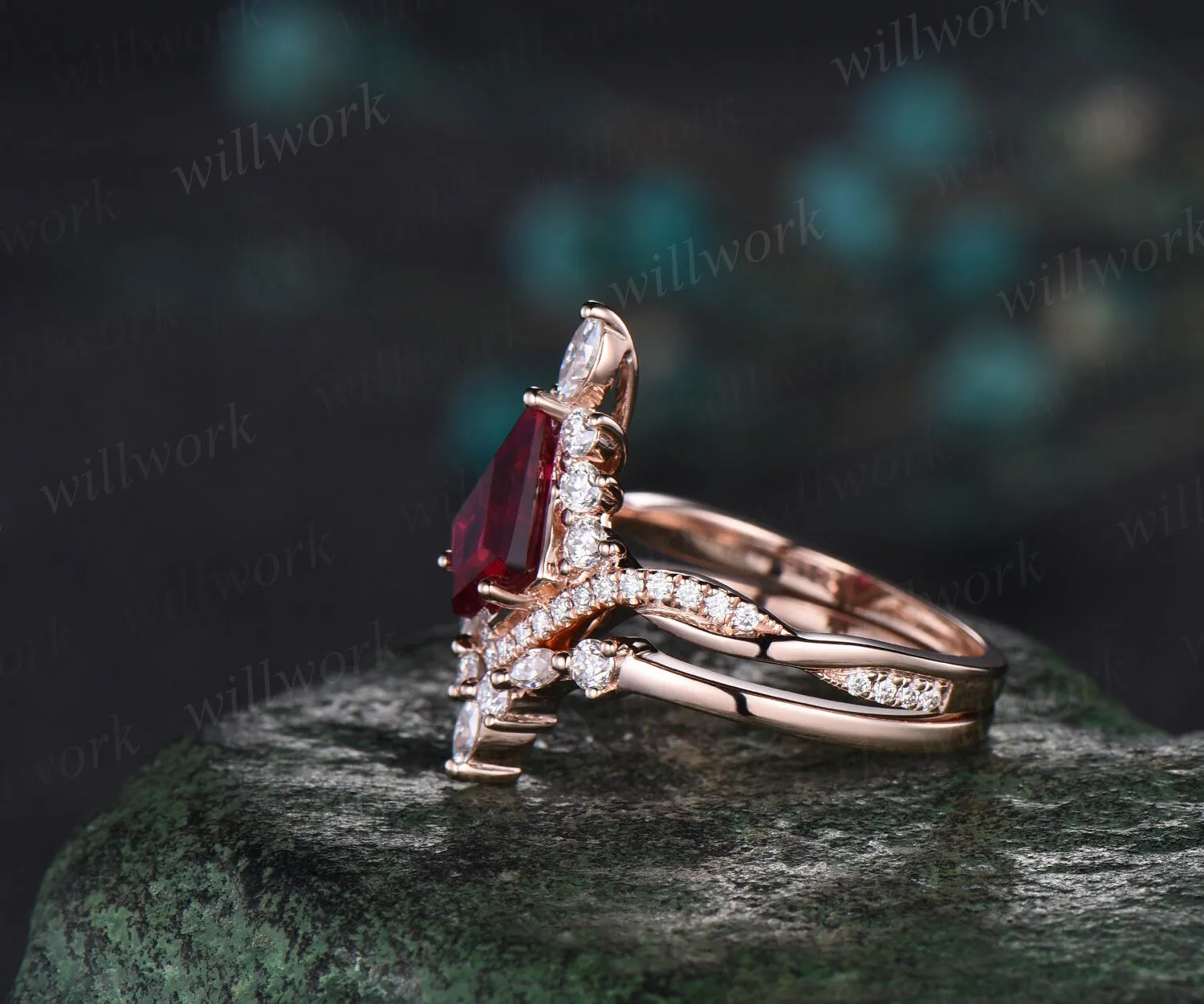 Vintage kite cut red ruby ring rose gold halo unique engagement ring set art deco curved twisted diamond promise wedding ring women sold by Willwork Jewelry product image thumbnail 5