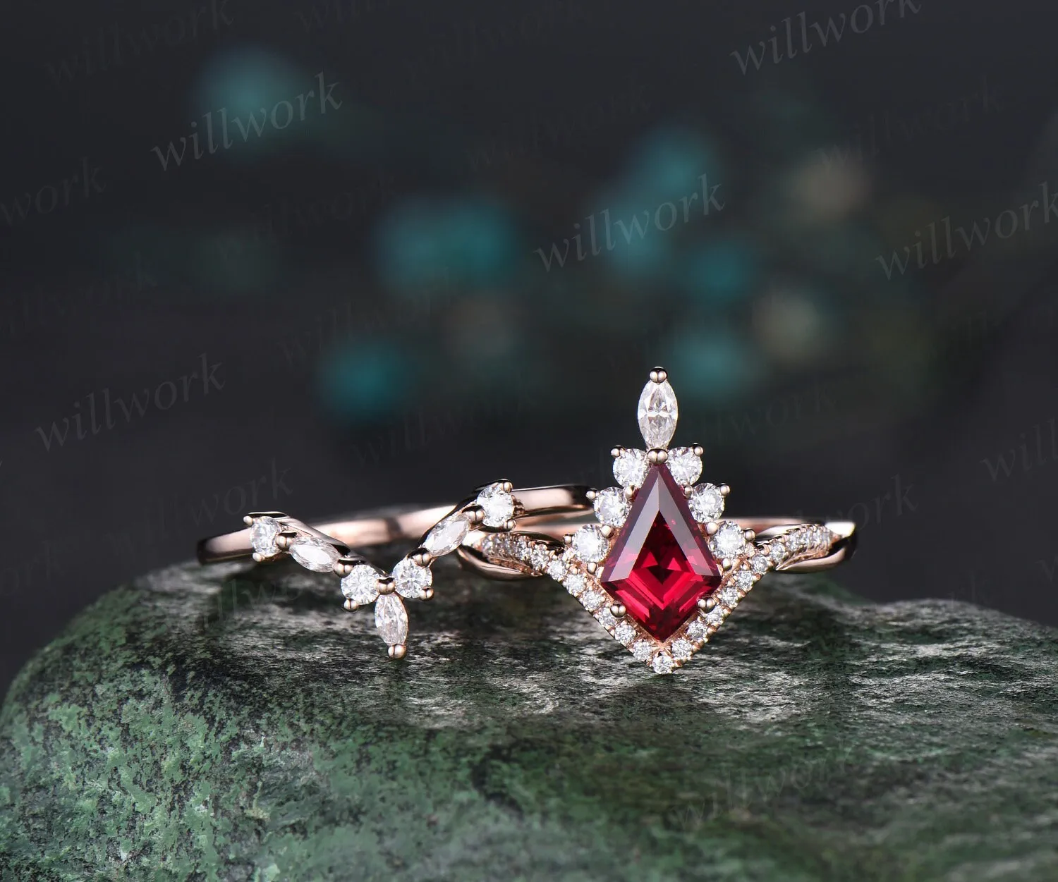 Vintage kite cut red ruby ring rose gold halo unique engagement ring set art deco curved twisted diamond promise wedding ring women sold by Willwork Jewelry product image thumbnail 2