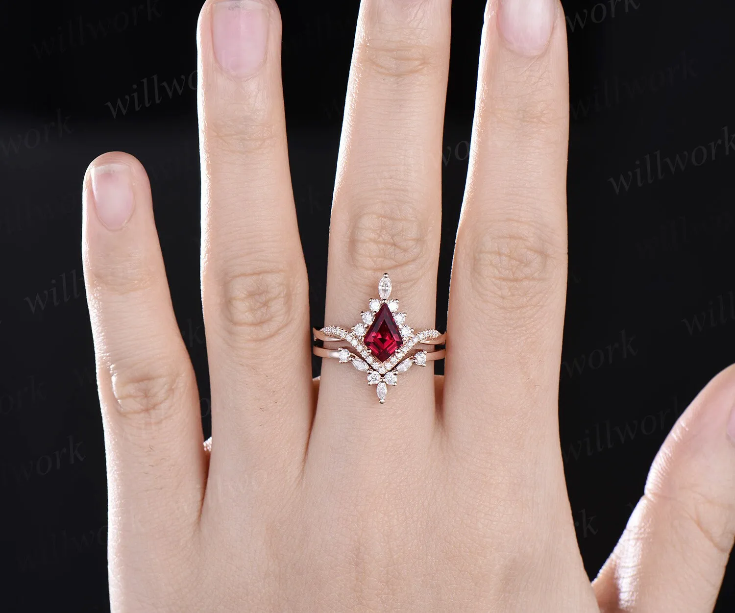 Vintage kite cut red ruby ring rose gold halo unique engagement ring set art deco curved twisted diamond promise wedding ring women sold by Willwork Jewelry product image thumbnail 3