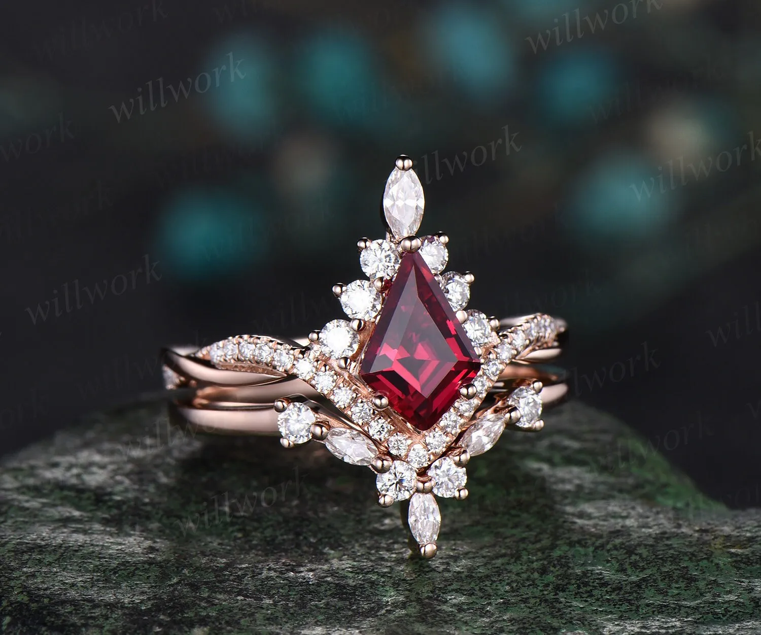 Vintage kite cut red ruby ring rose gold halo unique engagement ring set art deco curved twisted diamond promise wedding ring women sold by Willwork Jewelry product image thumbnail 4