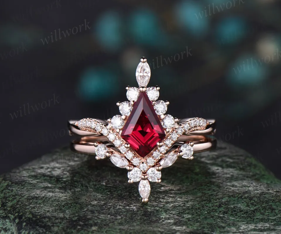 Vintage kite cut red ruby ring rose gold halo unique engagement ring set art deco curved twisted diamond promise wedding ring women made by Willwork Jewelry