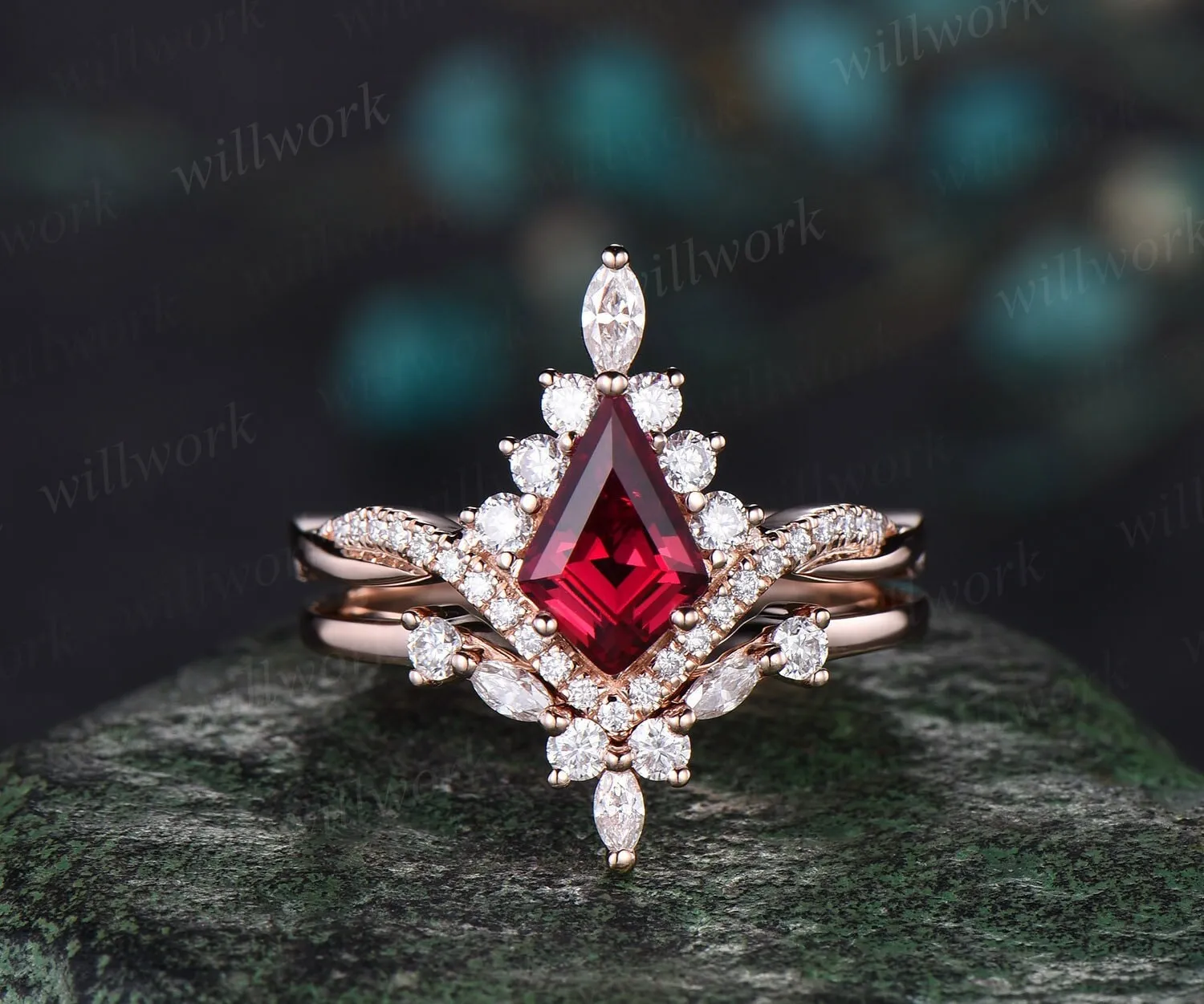 Vintage kite cut red ruby ring rose gold halo unique engagement ring set art deco curved twisted diamond promise wedding ring women sold by Willwork Jewelry