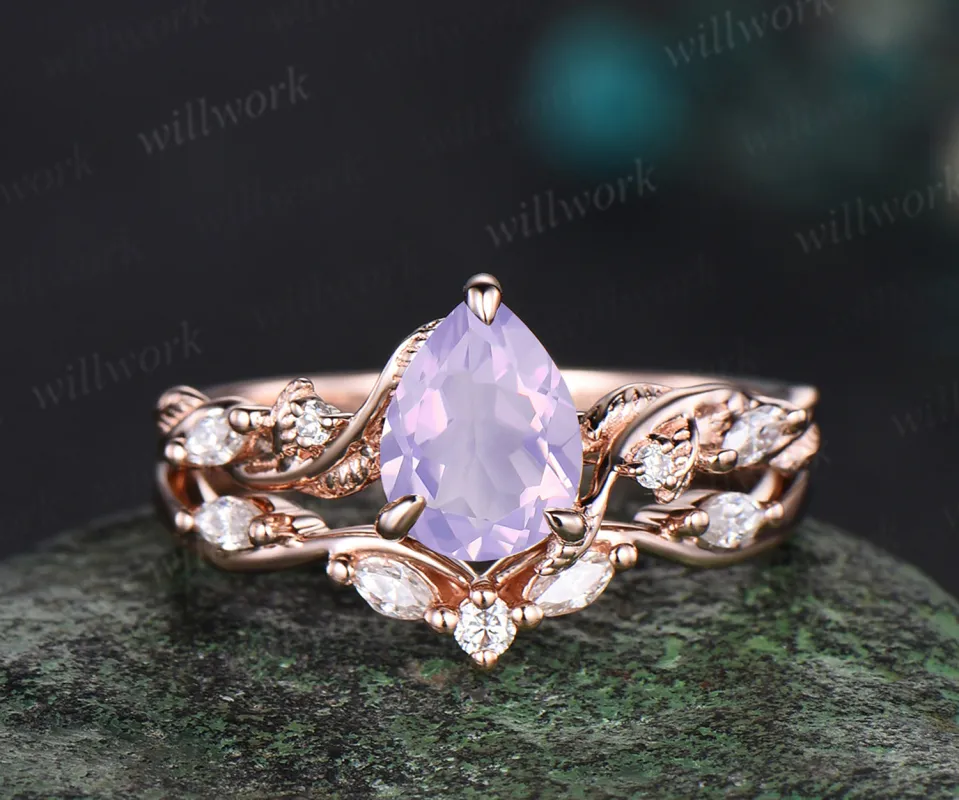 Vintage pear Cut Lavender Amethyst Engagement Ring Set Moissanite Cluster Wedding Ring 14k Rose Gold 2pcs Bridal Ring Set sold by Willwork Jewelry