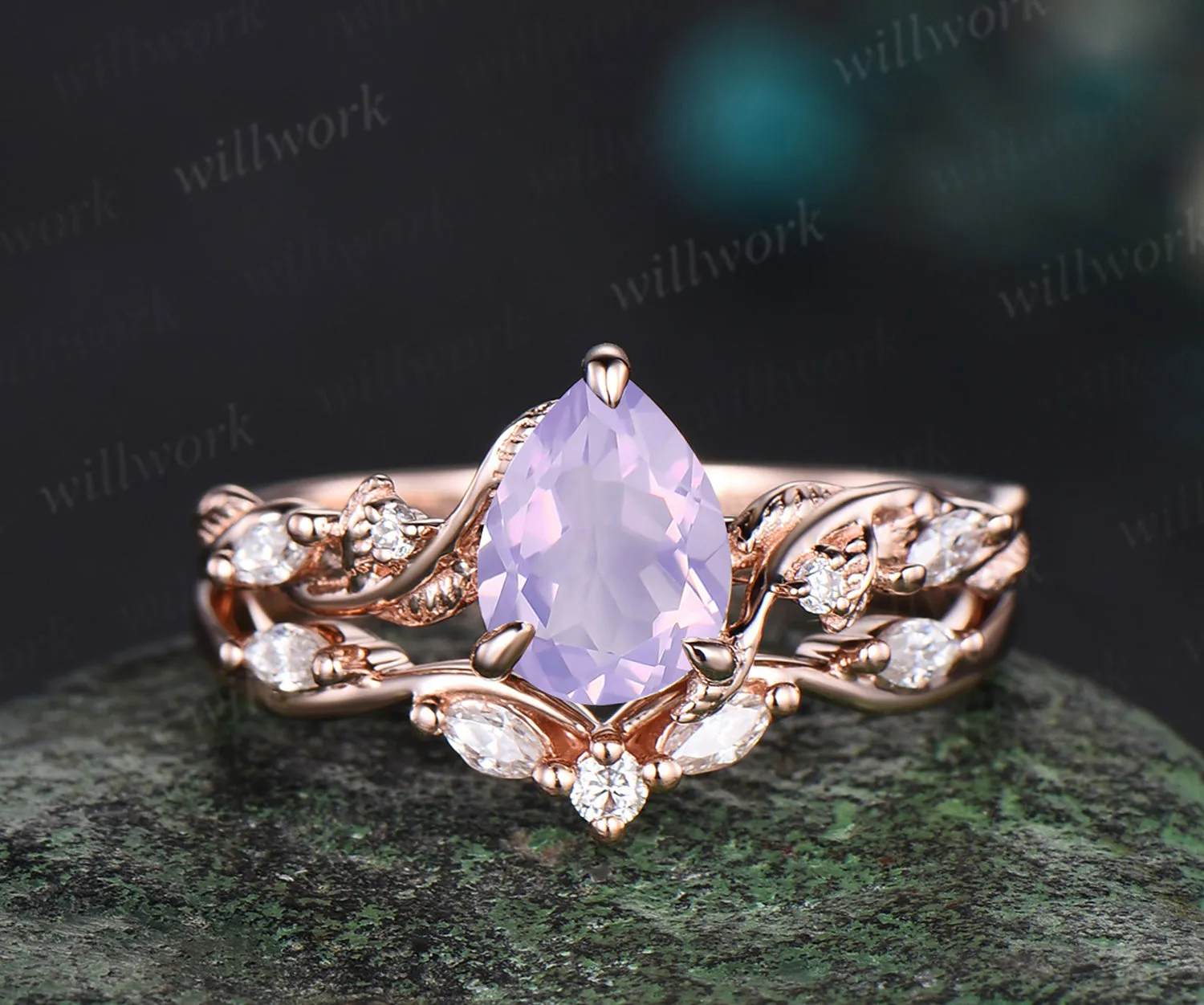 Vintage pear Cut Lavender Amethyst Engagement Ring Set Moissanite Cluster Wedding Ring 14k Rose Gold 2pcs Bridal Ring Set sold by Willwork Jewelry