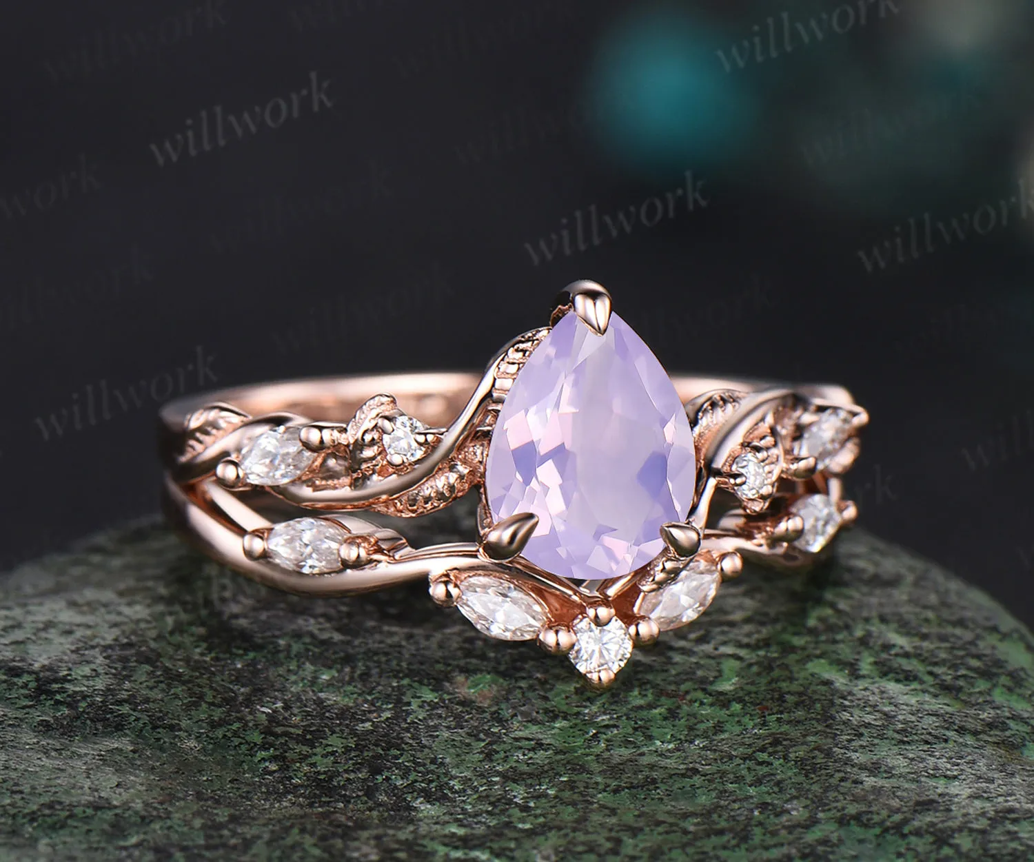 Vintage pear Cut Lavender Amethyst Engagement Ring Set Moissanite Cluster Wedding Ring 14k Rose Gold 2pcs Bridal Ring Set sold by Willwork Jewelry product image thumbnail 3