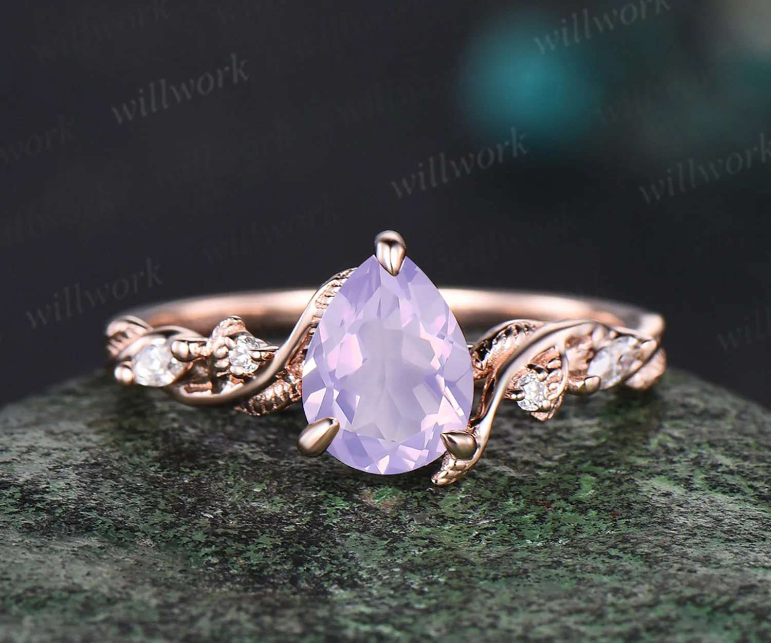Vintage pear Cut Lavender Amethyst Engagement Ring Set Moissanite Cluster Wedding Ring 14k Rose Gold 2pcs Bridal Ring Set sold by Willwork Jewelry product image thumbnail 4