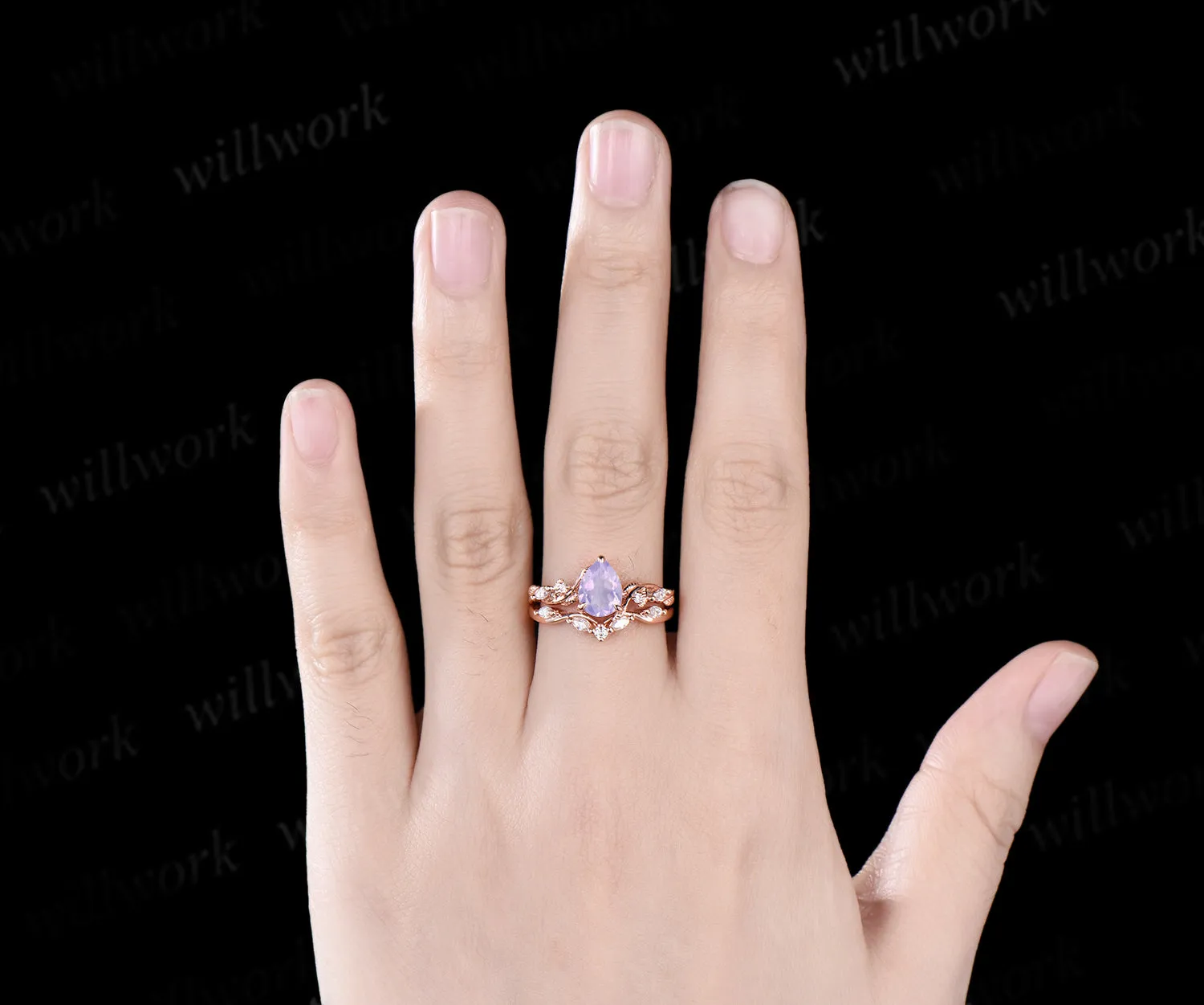 Vintage pear Cut Lavender Amethyst Engagement Ring Set Moissanite Cluster Wedding Ring 14k Rose Gold 2pcs Bridal Ring Set sold by Willwork Jewelry product image thumbnail 2