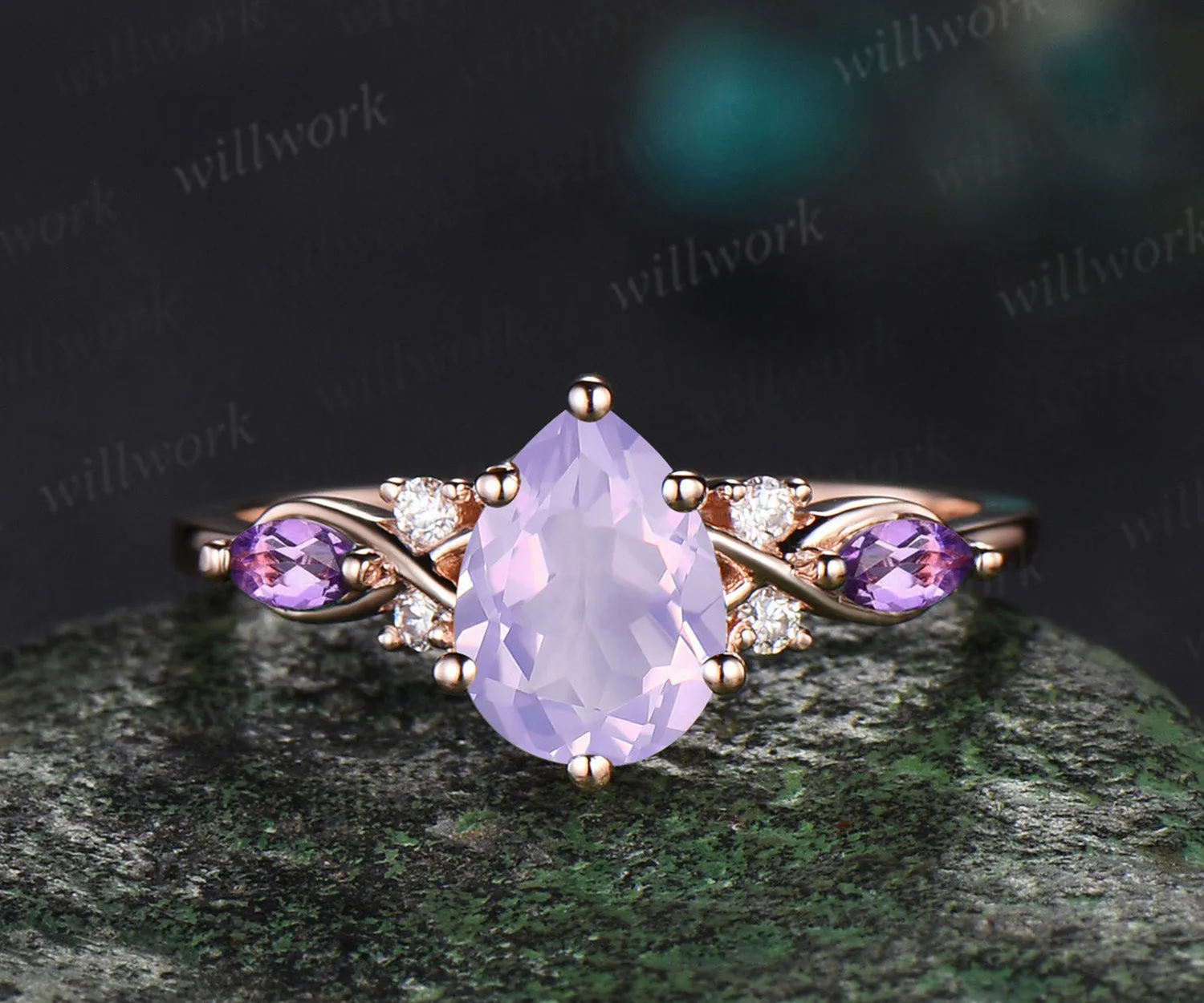 Vintage Pear Cut Lavender Amethyst Engagement Ring Set butterfly ring Opal Wedding Band Nature Inspired 2pcs Bridal Ring Set Vine Twig Branch Leaf Promise Ring Set sold by Willwork Jewelry product image thumbnail 4