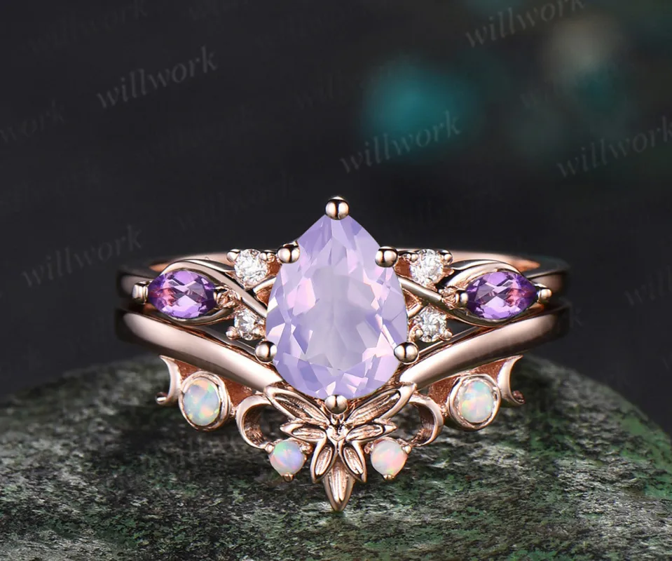 Vintage Pear Cut Lavender Amethyst Engagement Ring Set butterfly ring Opal Wedding Band Nature Inspired 2pcs Bridal Ring Set Vine Twig Branch Leaf Promise Ring Set sold by Willwork Jewelry
