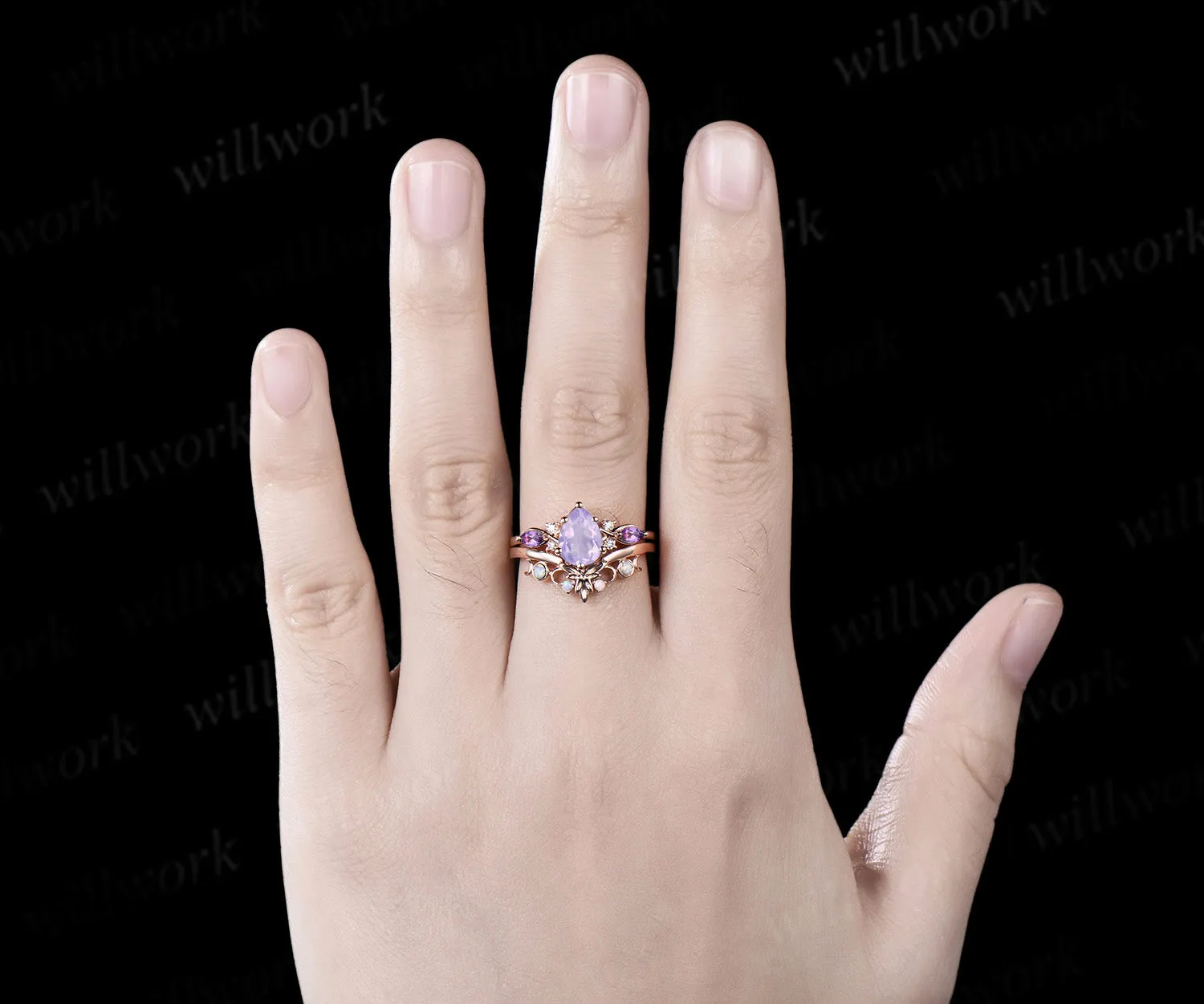 Vintage Pear Cut Lavender Amethyst Engagement Ring Set butterfly ring Opal Wedding Band Nature Inspired 2pcs Bridal Ring Set Vine Twig Branch Leaf Promise Ring Set sold by Willwork Jewelry product image thumbnail 2