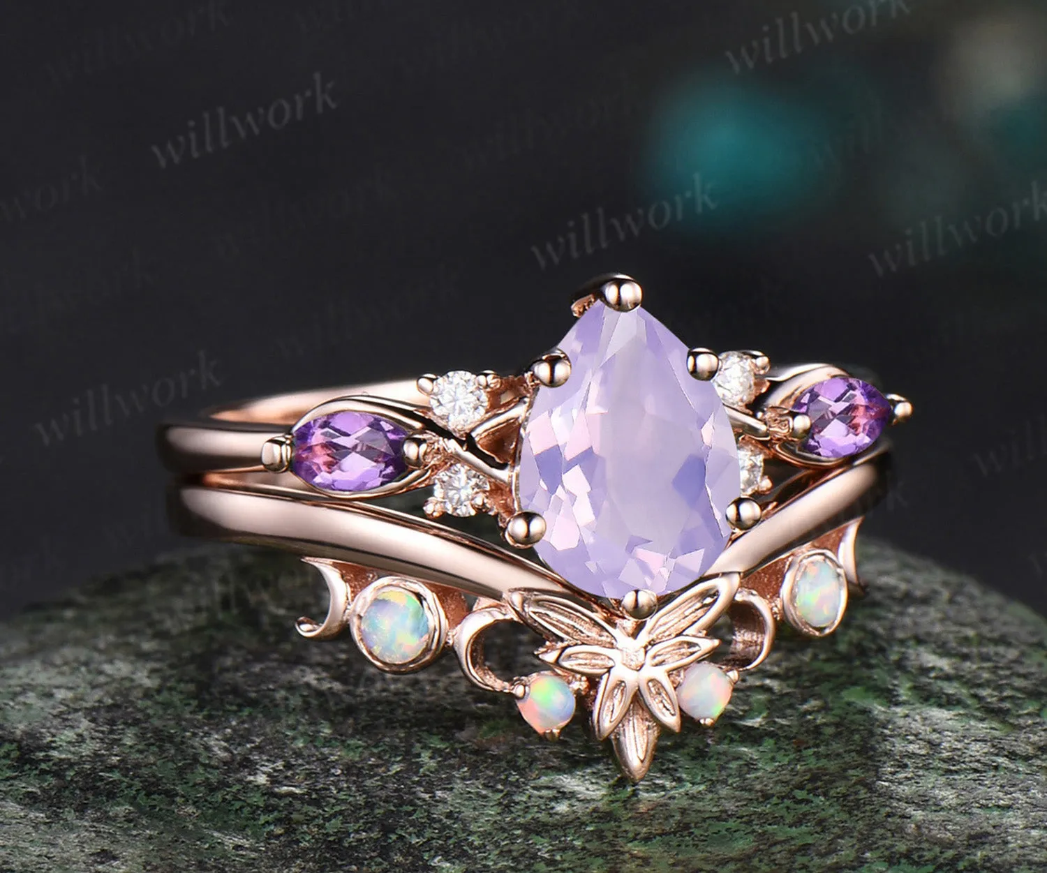 Vintage Pear Cut Lavender Amethyst Engagement Ring Set butterfly ring Opal Wedding Band Nature Inspired 2pcs Bridal Ring Set Vine Twig Branch Leaf Promise Ring Set sold by Willwork Jewelry product image thumbnail 3