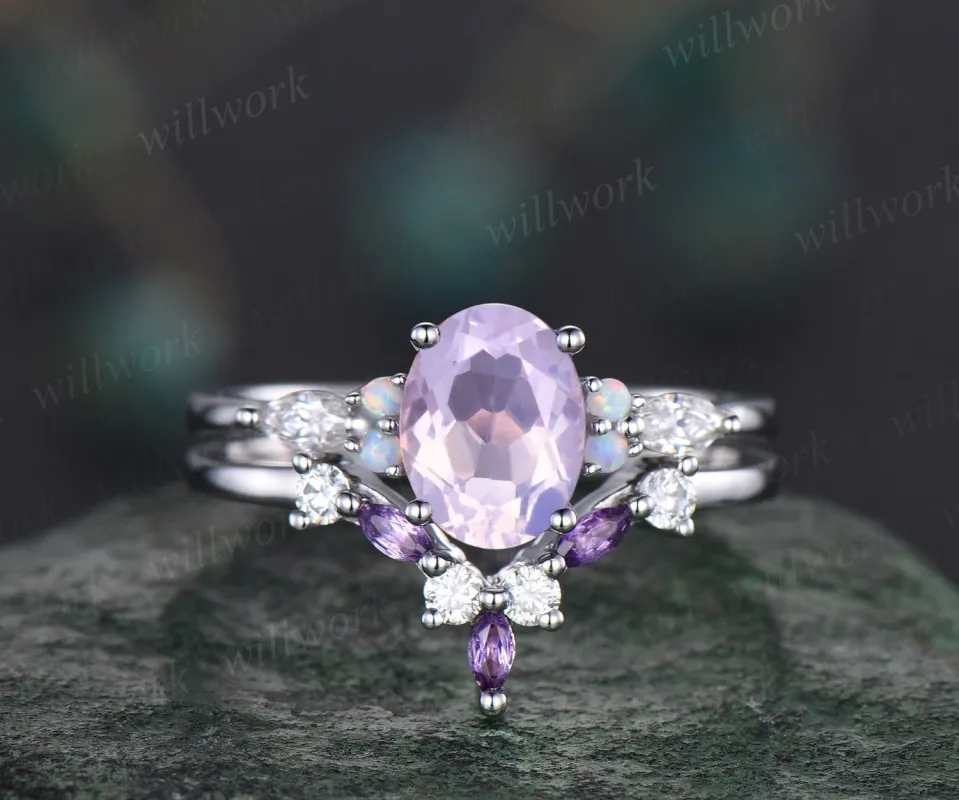 Vintage oval Lavender Amethyst engagement ring white gold moissanite promise wedding bridal ring set women purple gemstone gift sold by Willwork Jewelry