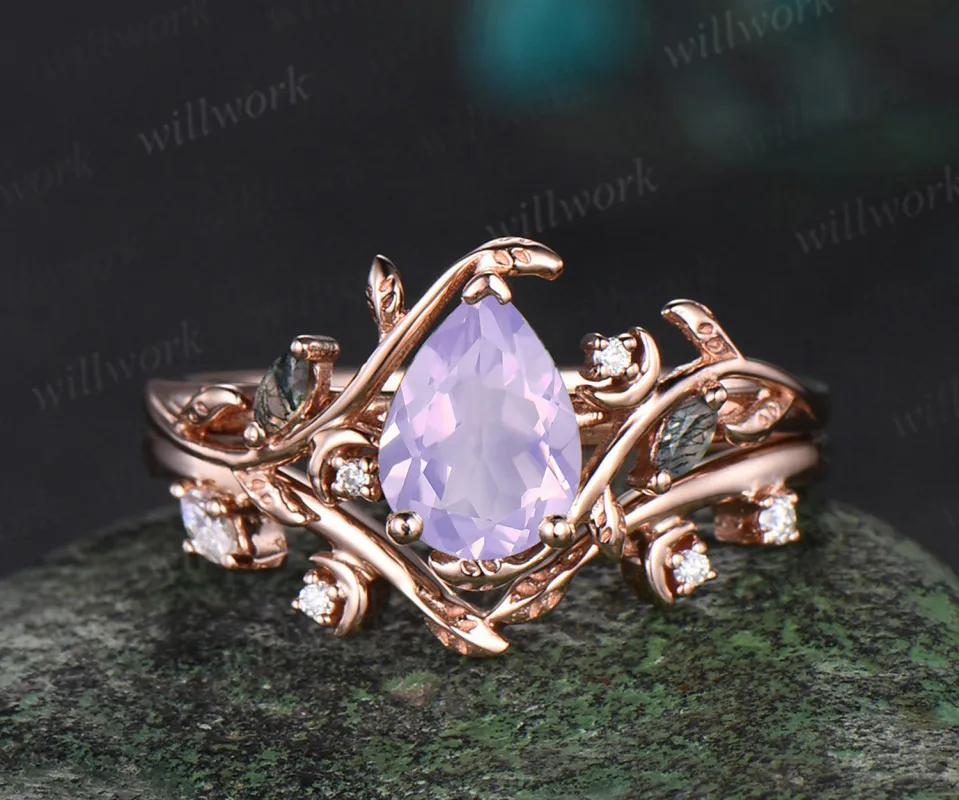 Pear shaped Lavender Amethyst ring rose gold leaf nature inspired romantic engagement ring women art deco promise wedding bridal ring set sold by Willwork Jewelry