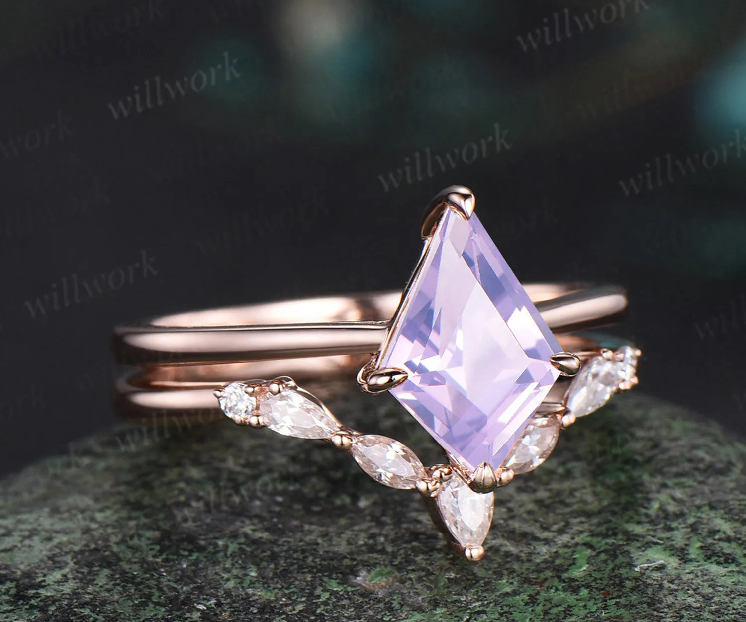 Kite cut Lavender Amethyst ring gold romantic Lilac engagement ring set 14k rose gold unique engagement ring moissanite bridal ring set for women sold by Willwork Jewelry product image thumbnail 4