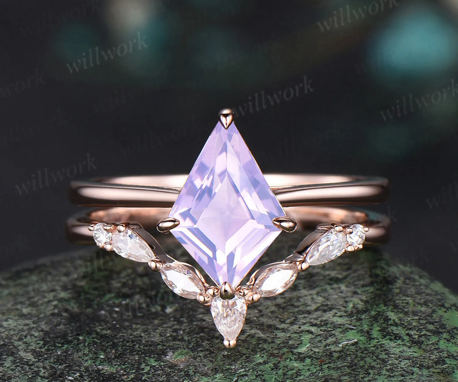 Kite cut Lavender Amethyst ring gold romantic Lilac engagement ring set 14k rose gold unique engagement ring moissanite bridal ring set for women sold by Willwork Jewelry
