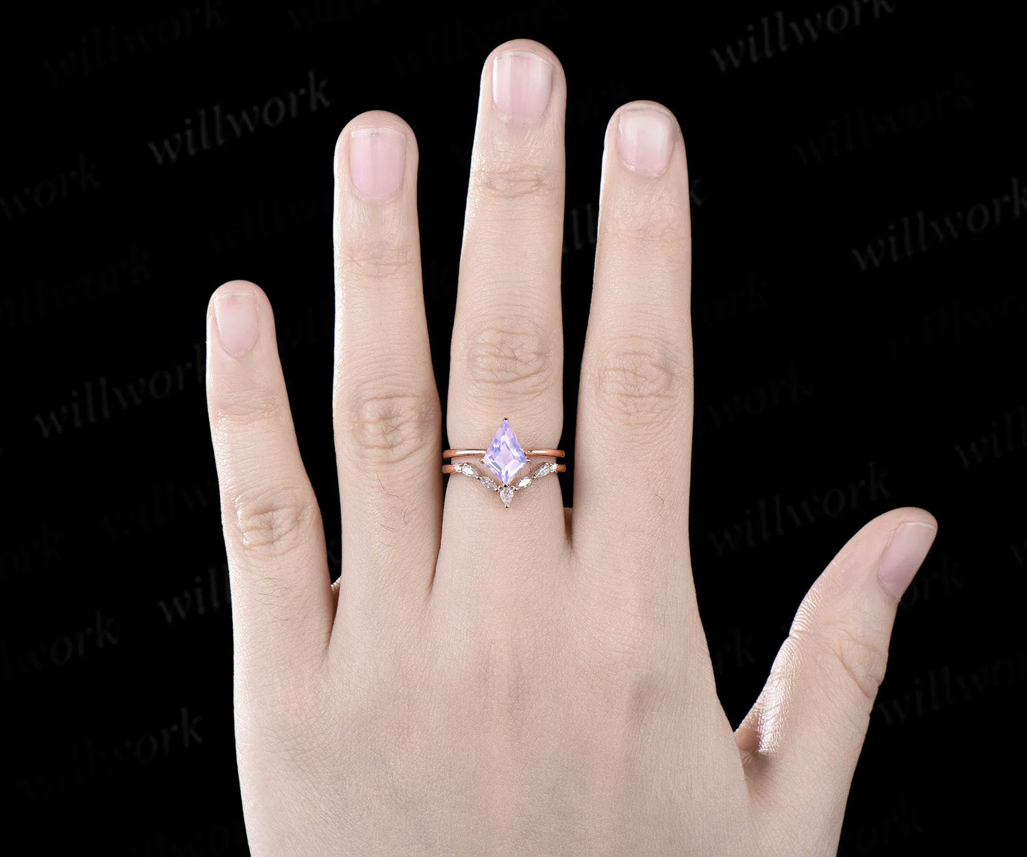 Kite cut Lavender Amethyst ring gold romantic Lilac engagement ring set 14k rose gold unique engagement ring moissanite bridal ring set for women sold by Willwork Jewelry product image thumbnail 2