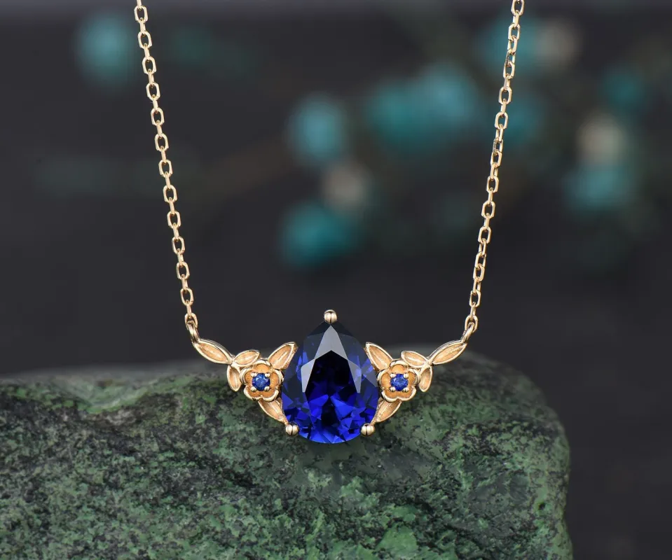 Pear cut blue sapphire necklace solid 14k 18k yellow gold three stone nature inspired leaf floral pendant women anniversary gift mother sold by Willwork Jewelry