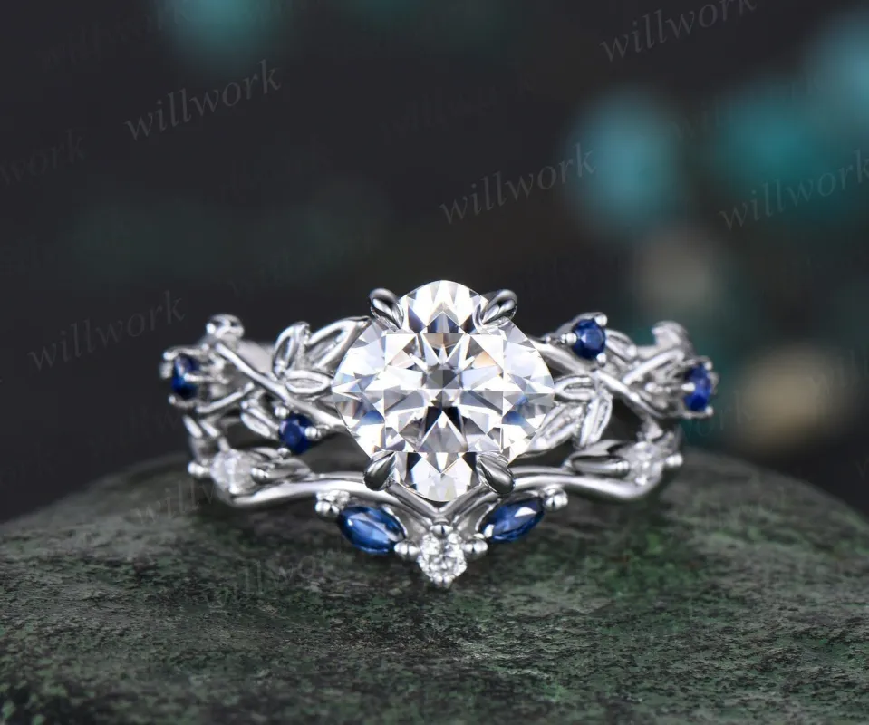 Twig cushion cut moissanite engagement ring set white gold five stone leaf branch Nature inspired ring sapphire wedding ring set women gift made by Willwork Jewelry