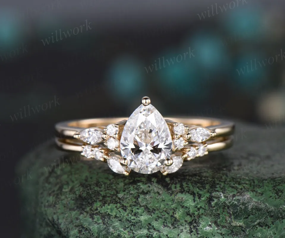 Pear shaped IGI Lab grown diamond engagement ring solid 14k 18k yellow gold marquise cut diamond ring women open gap wedding band jewelry sold by Willwork Jewelry