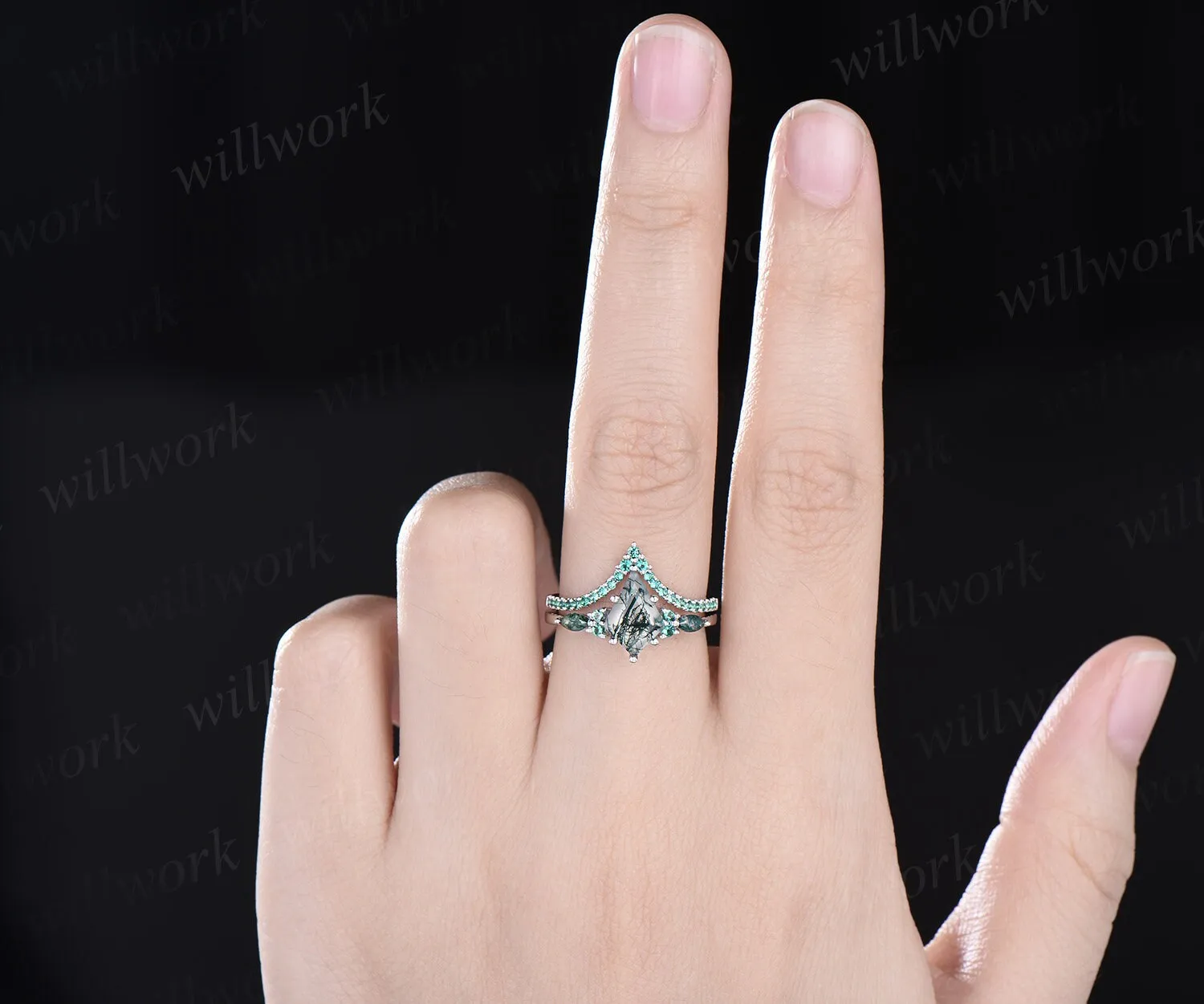 Curved V shaped emerald wedding band solid 14k white gold stacking half eternity anniversary ring women gift sold by Willwork Jewelry product image thumbnail 5
