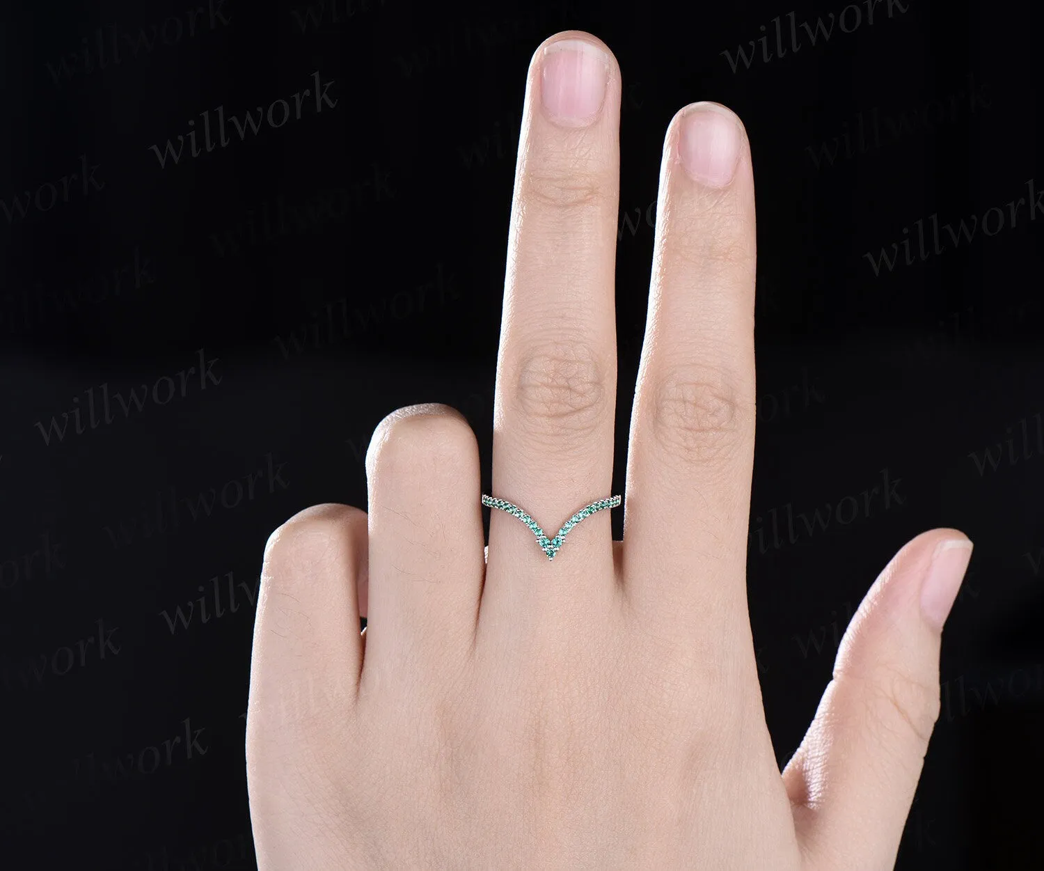 Curved V shaped emerald wedding band solid 14k white gold stacking half eternity anniversary ring women gift sold by Willwork Jewelry product image thumbnail 2